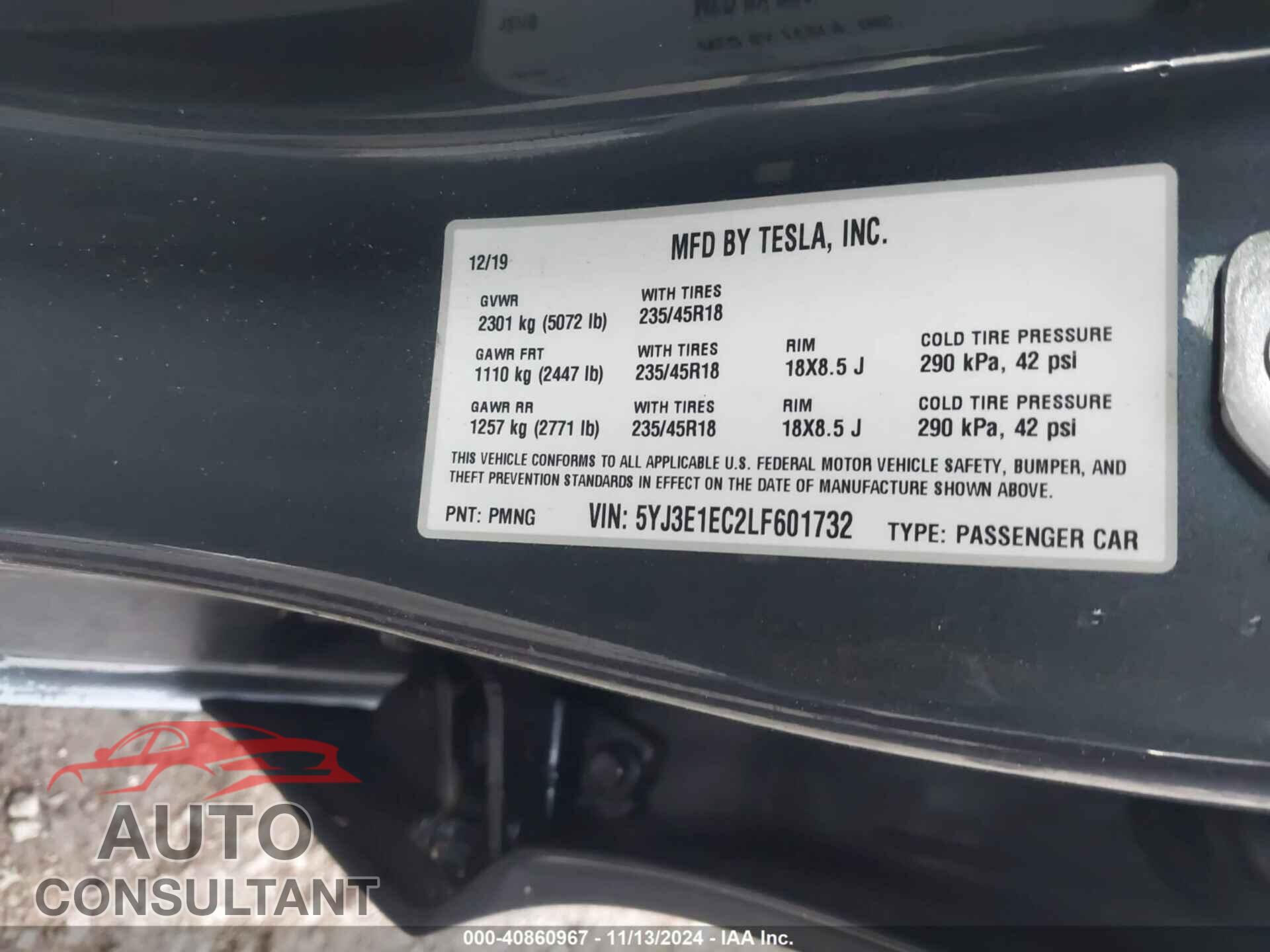 TESLA MODEL 3 2020 - 5YJ3E1EC2LF601732