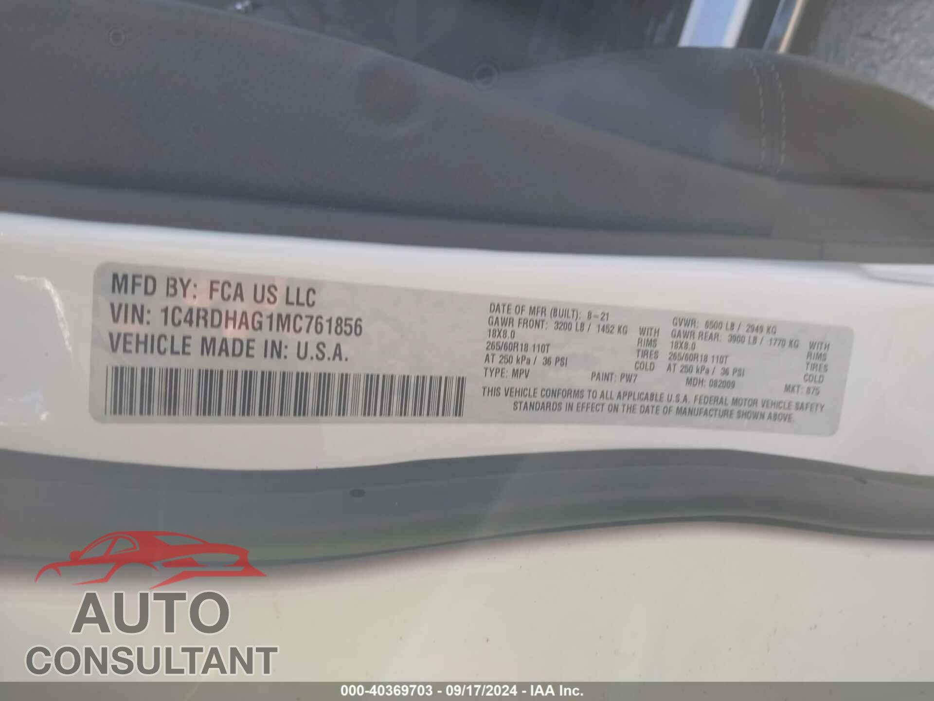 DODGE DURANGO 2021 - 1C4RDHAG1MC761856