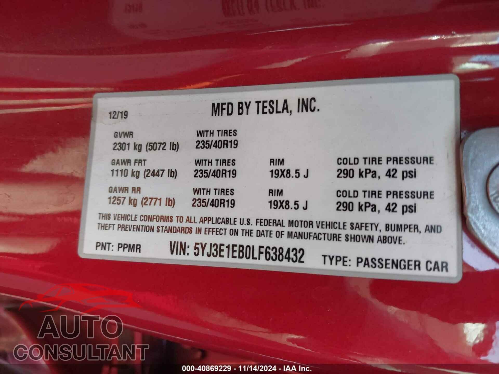 TESLA MODEL 3 2020 - 5YJ3E1EB0LF638432