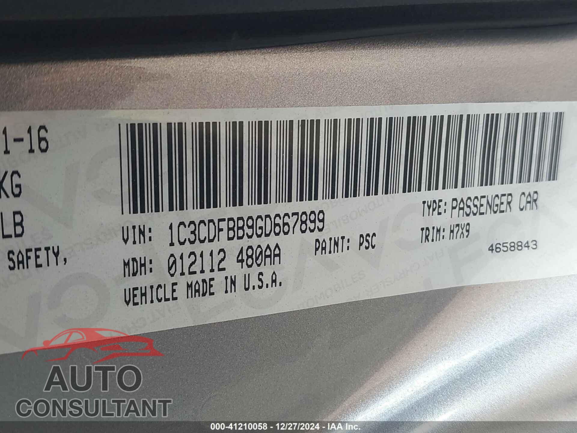 DODGE DART 2016 - 1C3CDFBB9GD667899