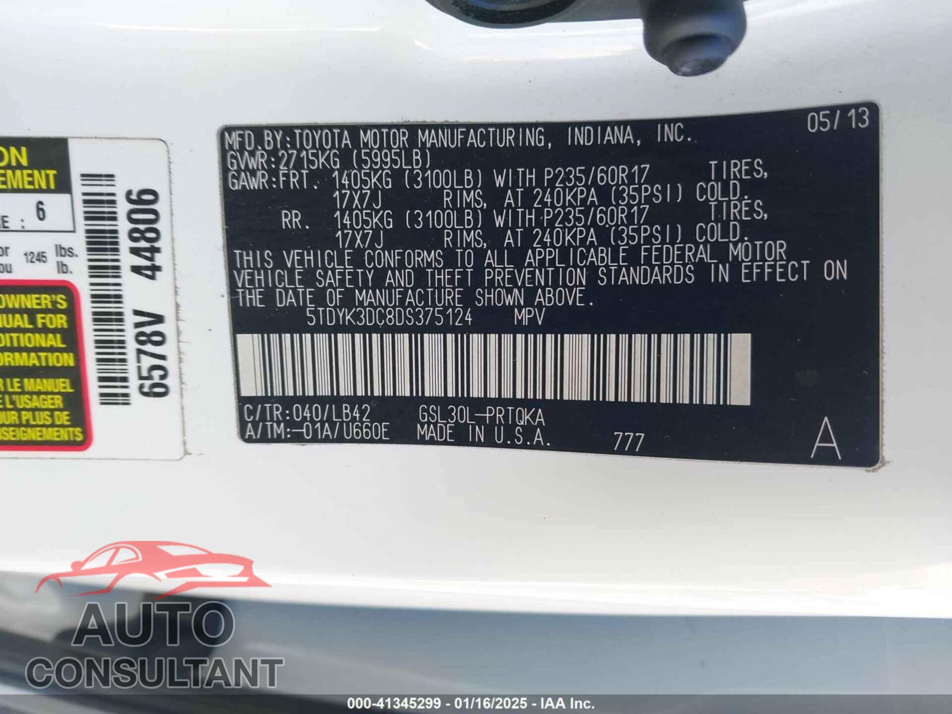 TOYOTA SIENNA 2013 - 5TDYK3DC8DS375124