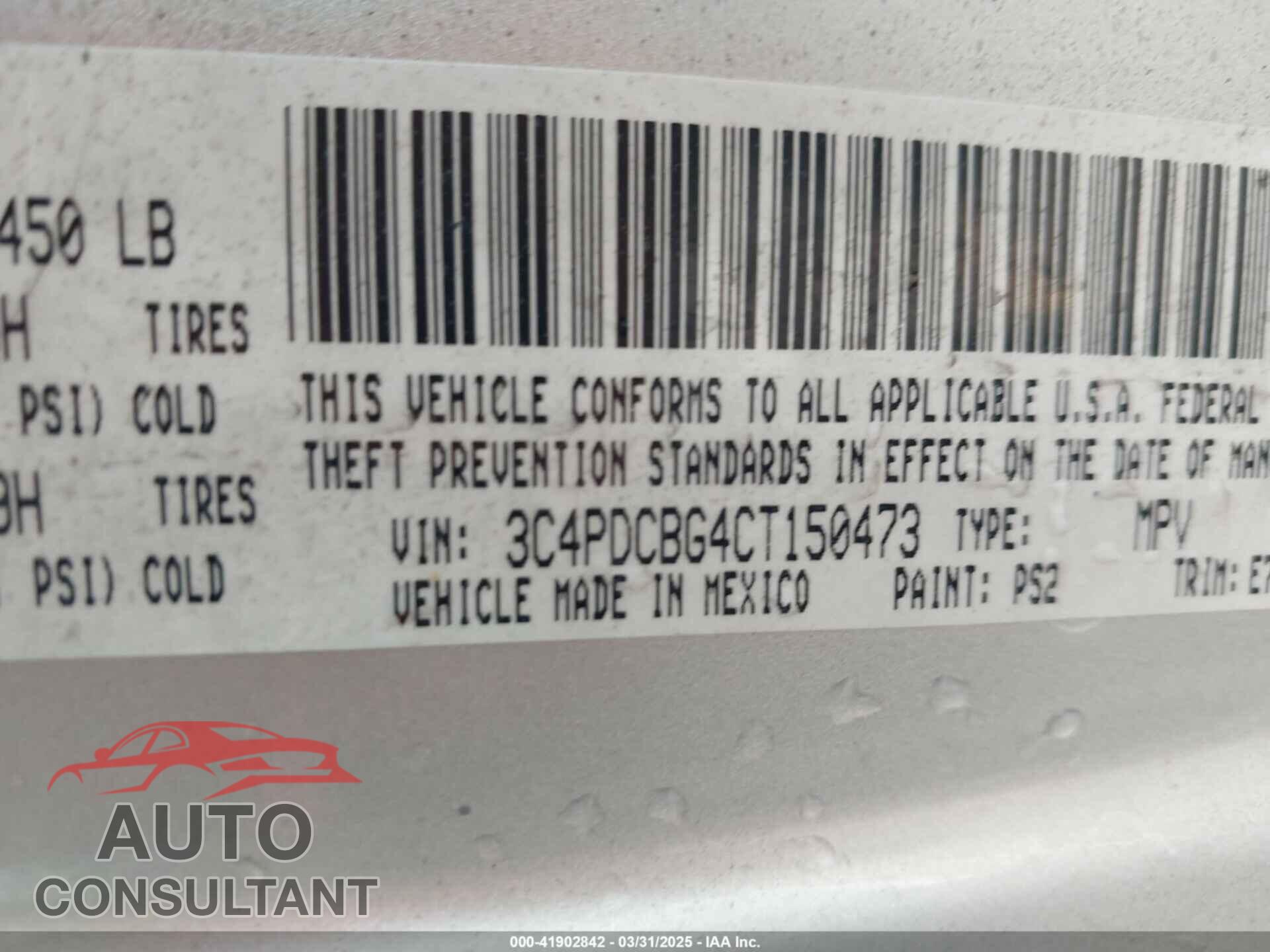 DODGE JOURNEY 2012 - 3C4PDCBG4CT150473
