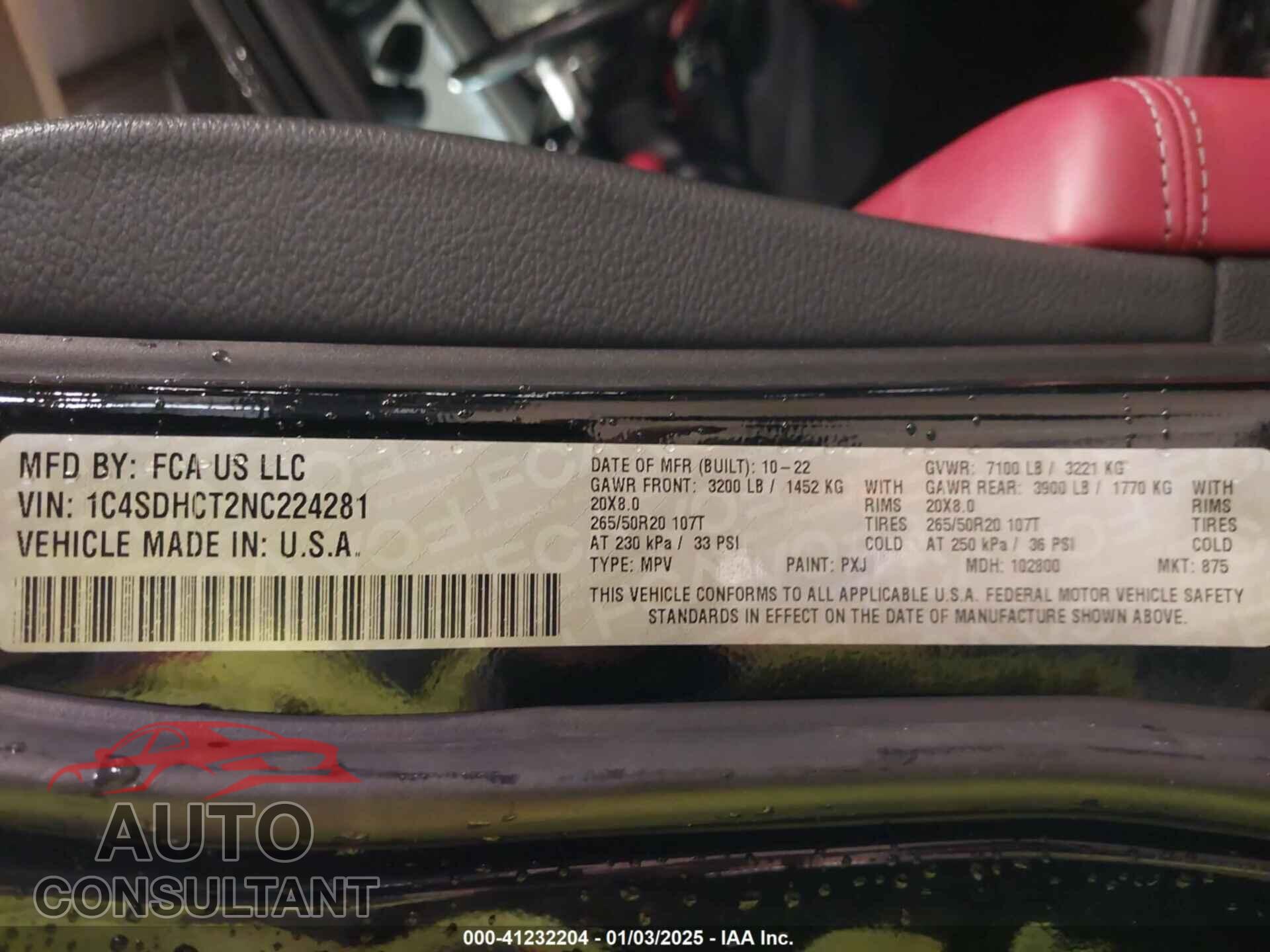 DODGE DURANGO 2022 - 1C4SDHCT2NC224281