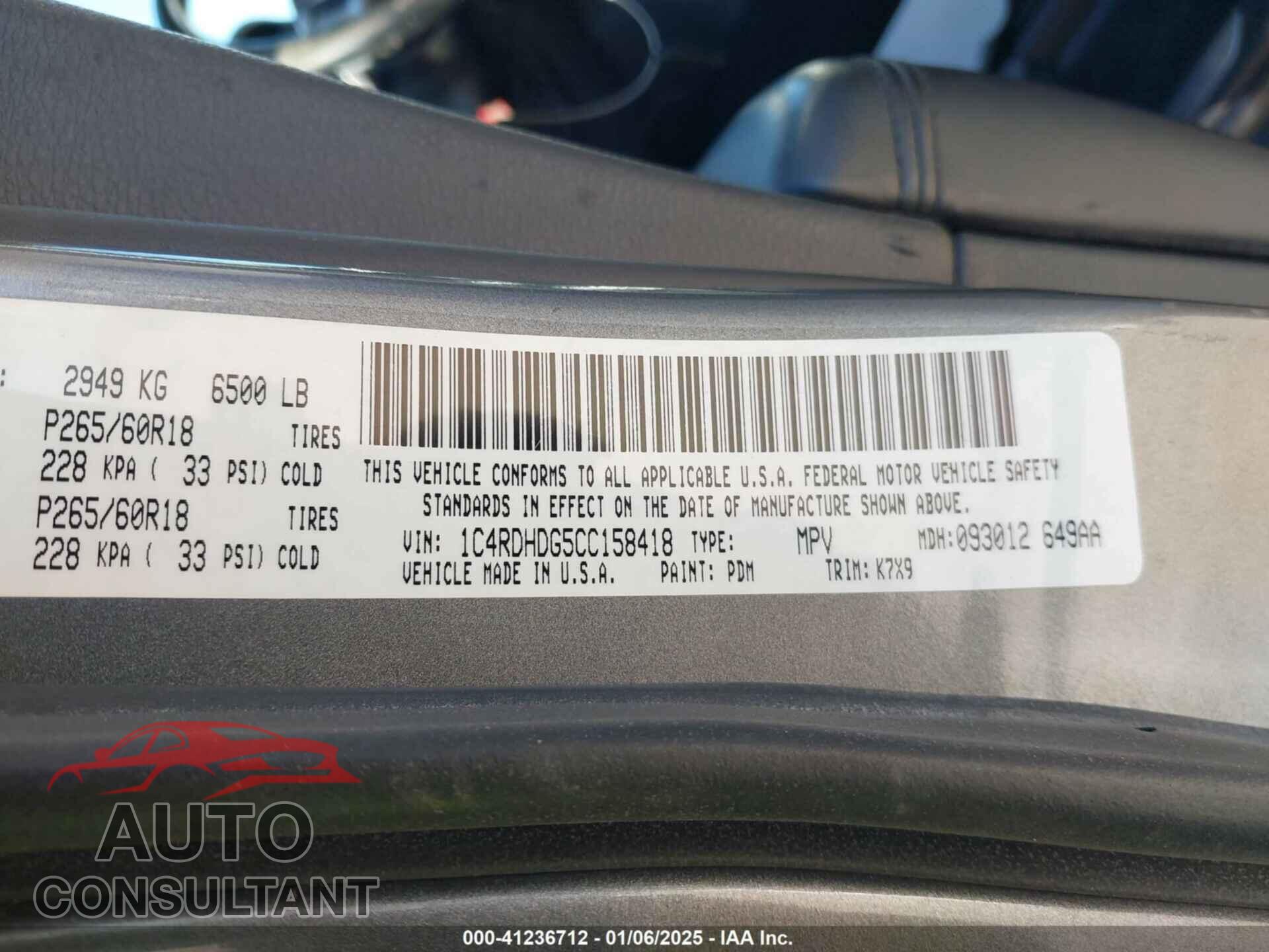 DODGE DURANGO 2012 - 1C4RDHDG5CC158418