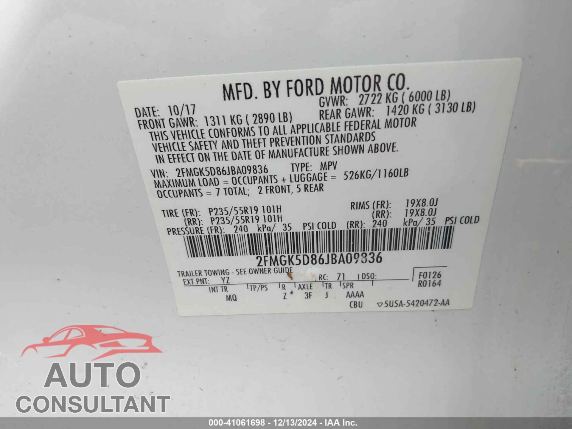 FORD FLEX 2018 - 2FMGK5D86JBA09836