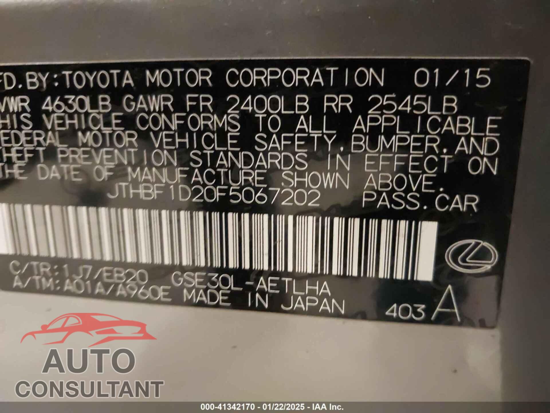 LEXUS IS 250 2015 - JTHBF1D20F5067202