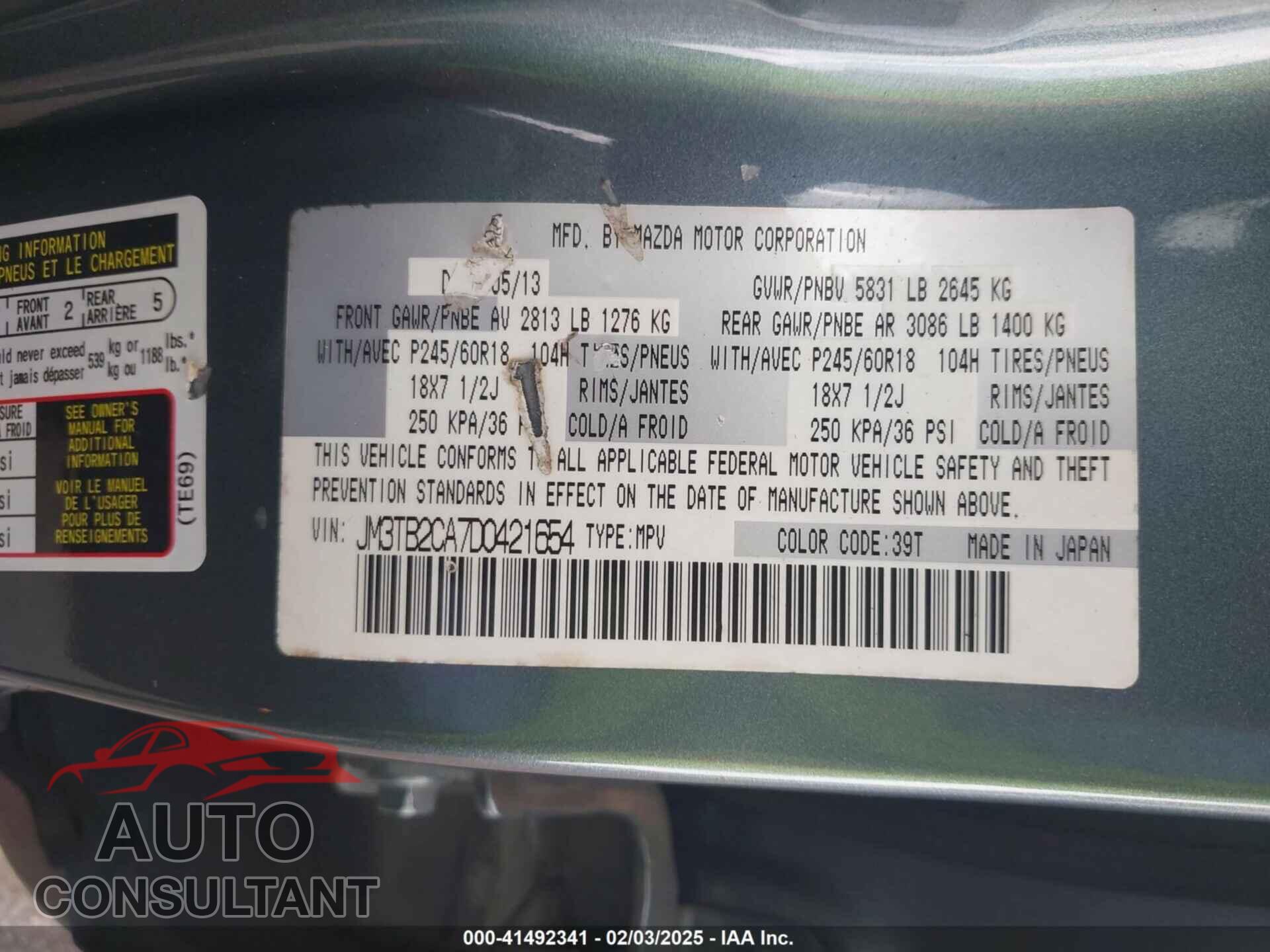 MAZDA CX-9 2013 - JM3TB2CA7D0421654
