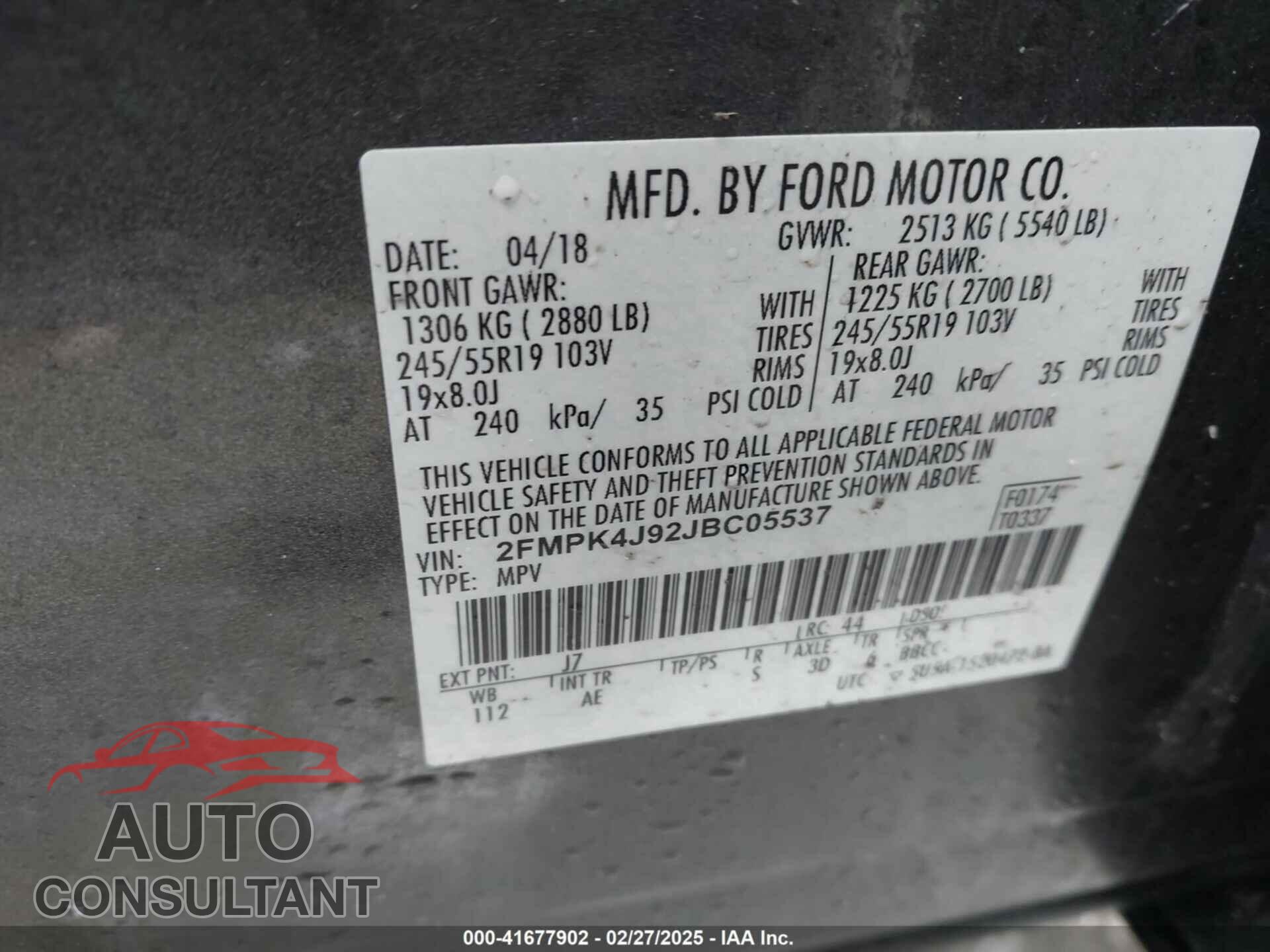 FORD EDGE 2018 - 2FMPK4J92JBC05537