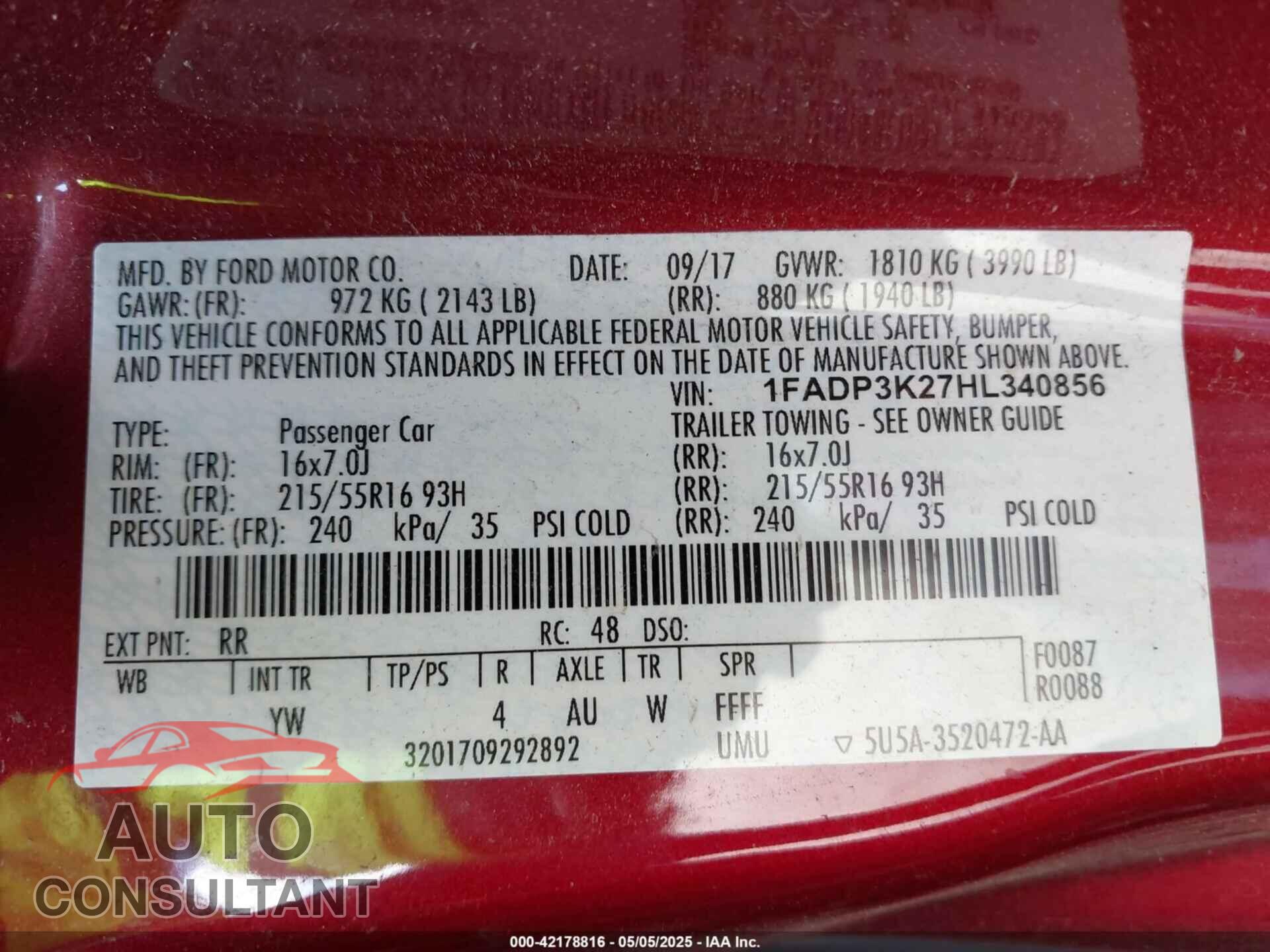 FORD FOCUS 2017 - 1FADP3K27HL340856