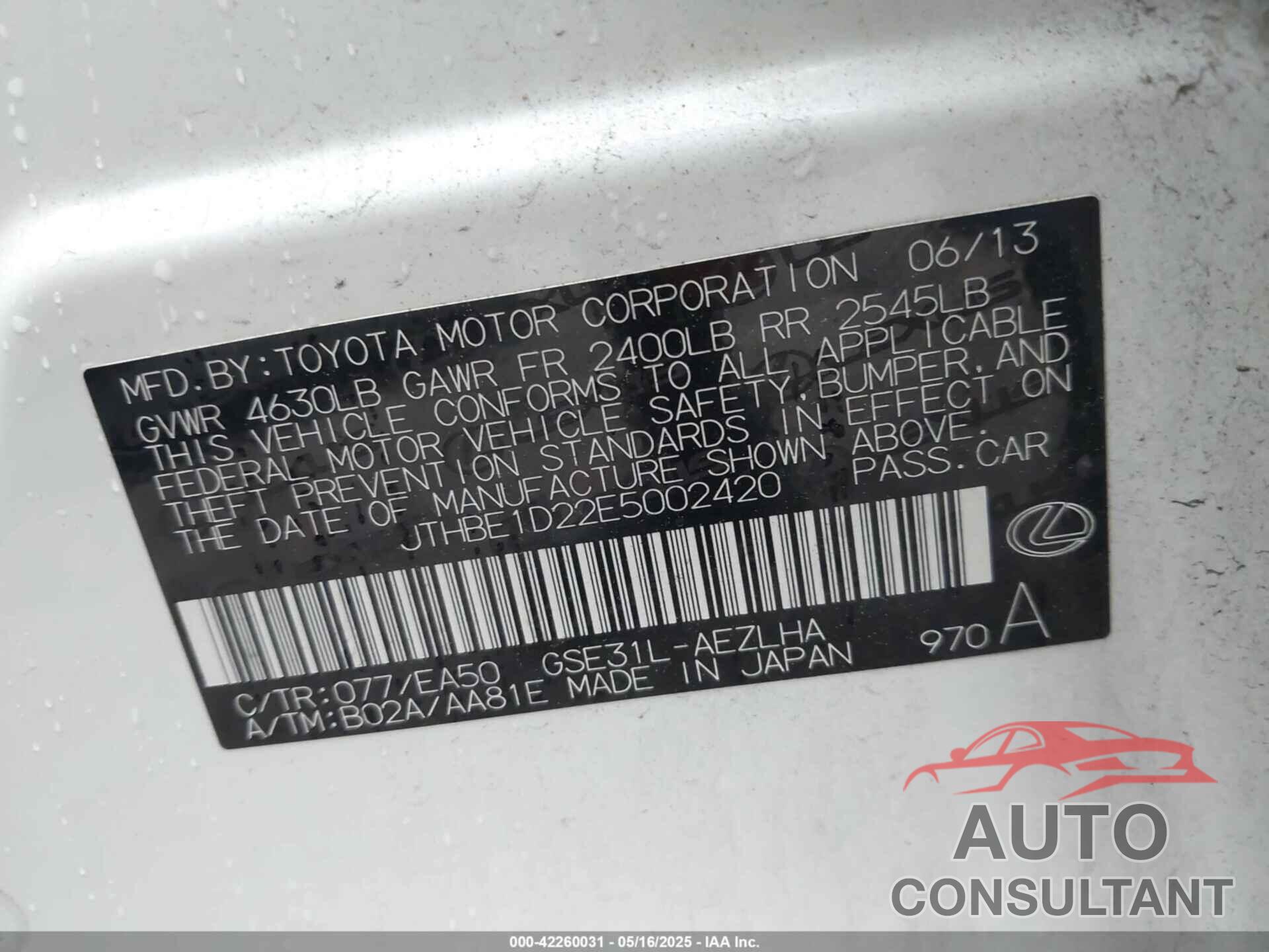 LEXUS IS 350 2014 - JTHBE1D22E5002420
