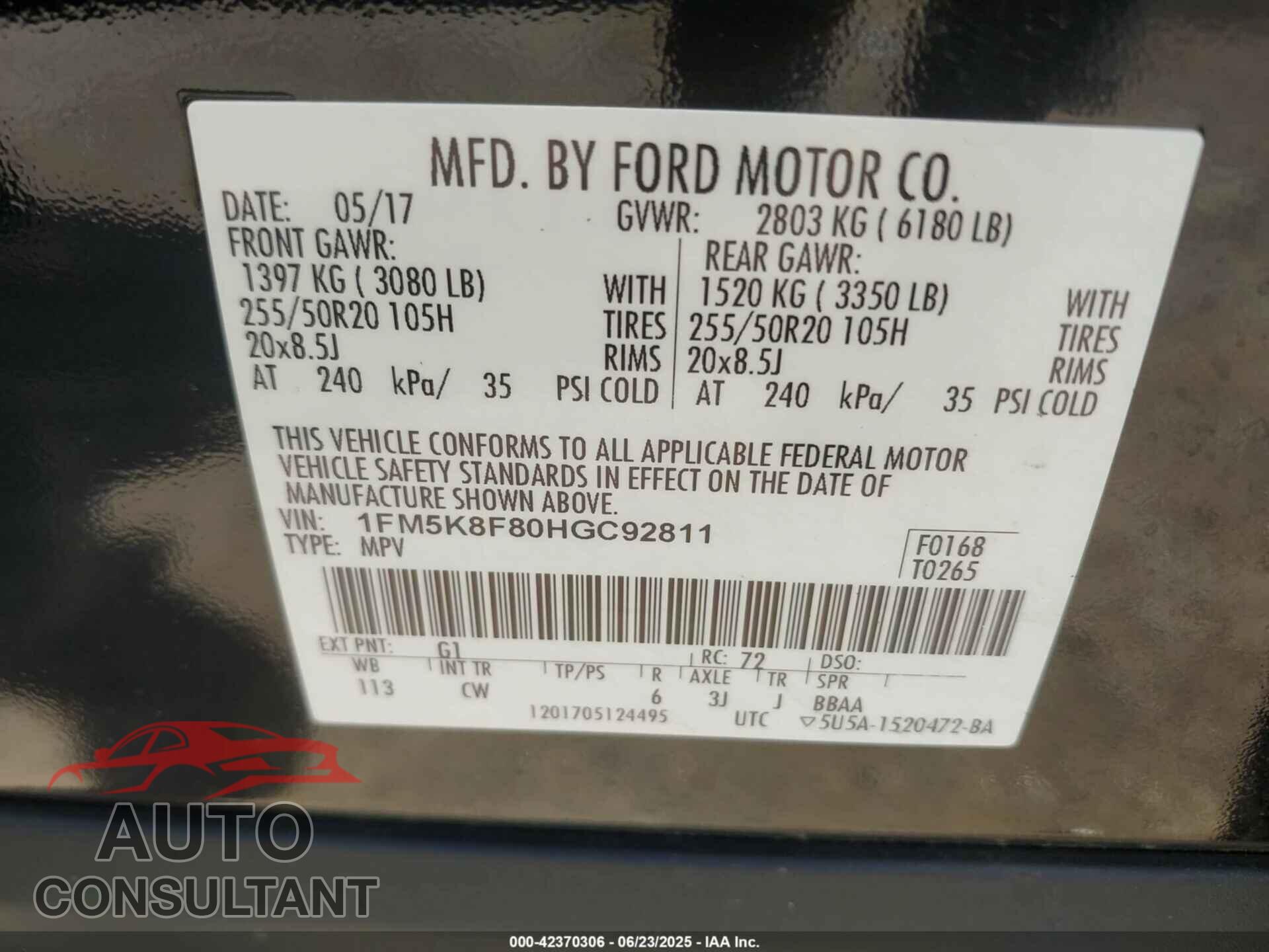 FORD EXPLORER 2017 - 1FM5K8F80HGC92811