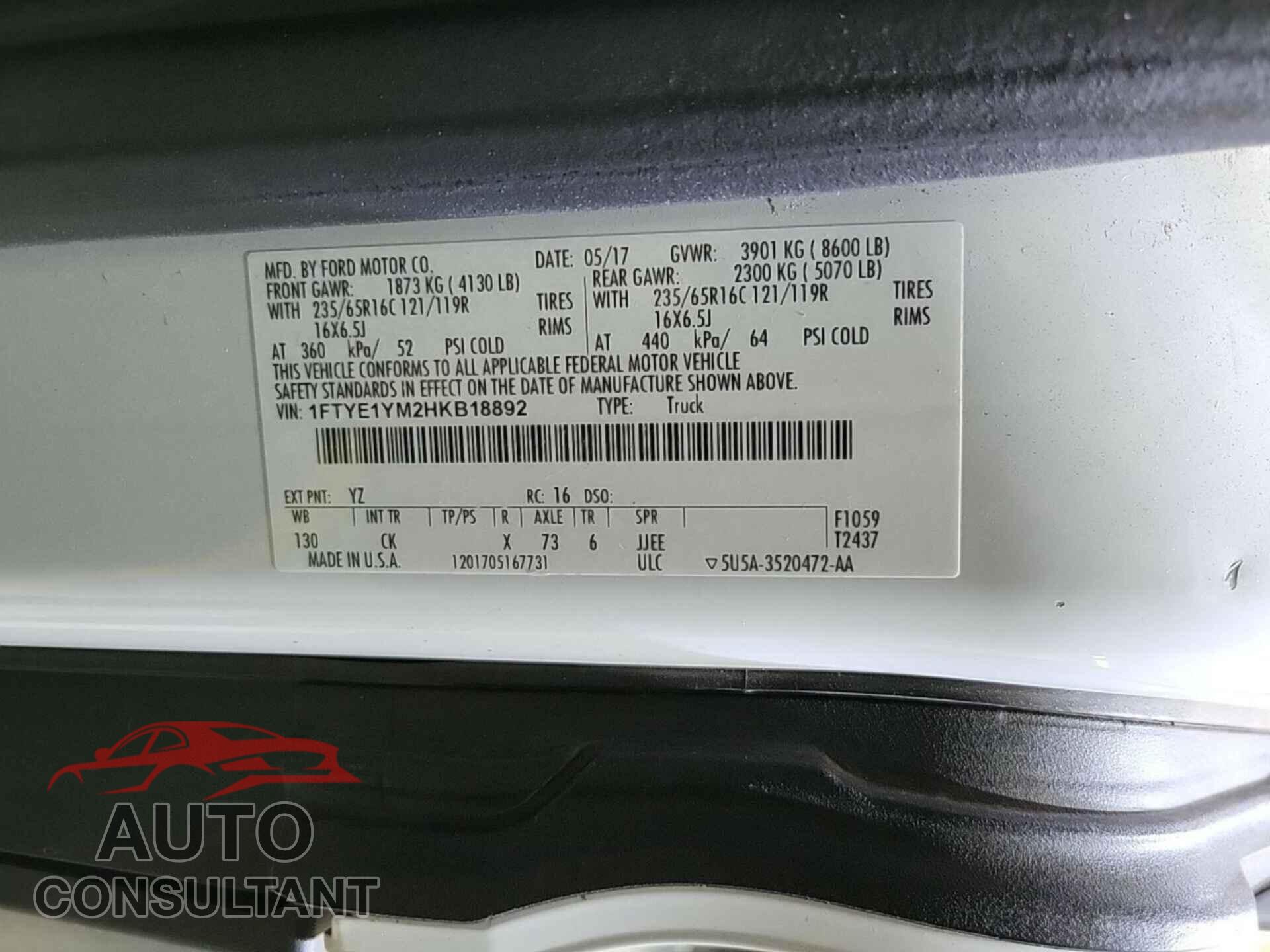 FORD TRANSIT 2017 - 1FTYE1YM2HKB18892