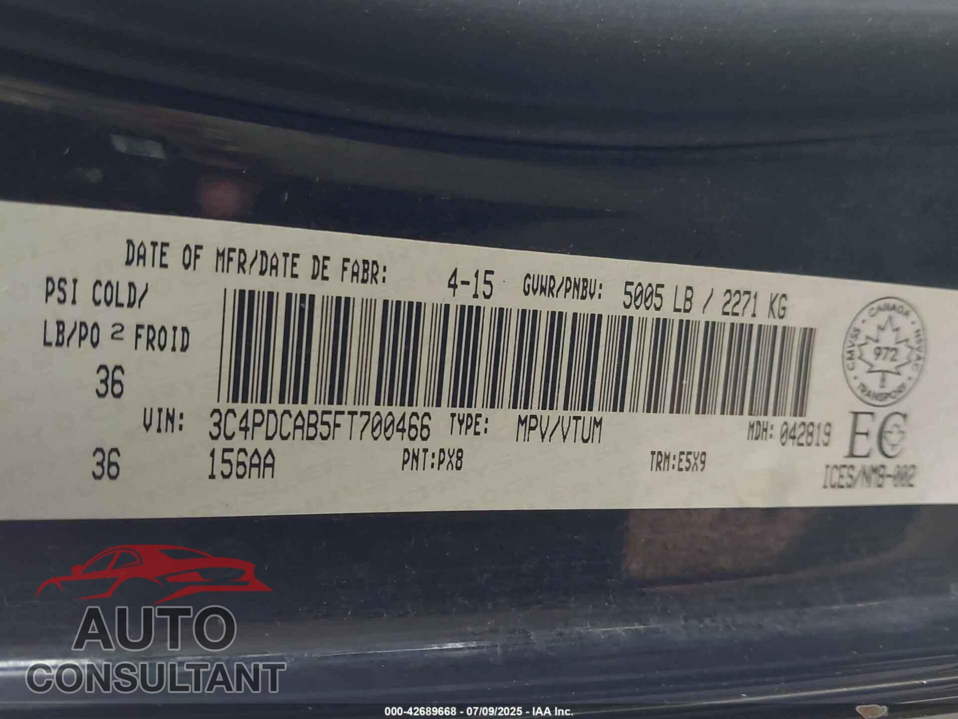DODGE JOURNEY 2015 - 3C4PDCAB5FT700466