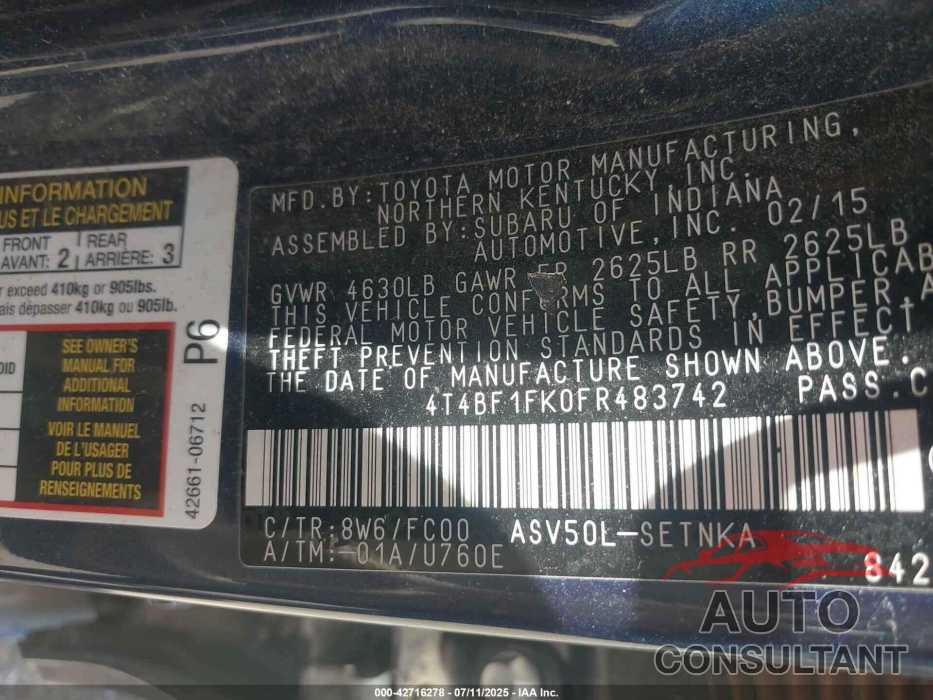 TOYOTA CAMRY 2015 - 4T4BF1FK0FR483742