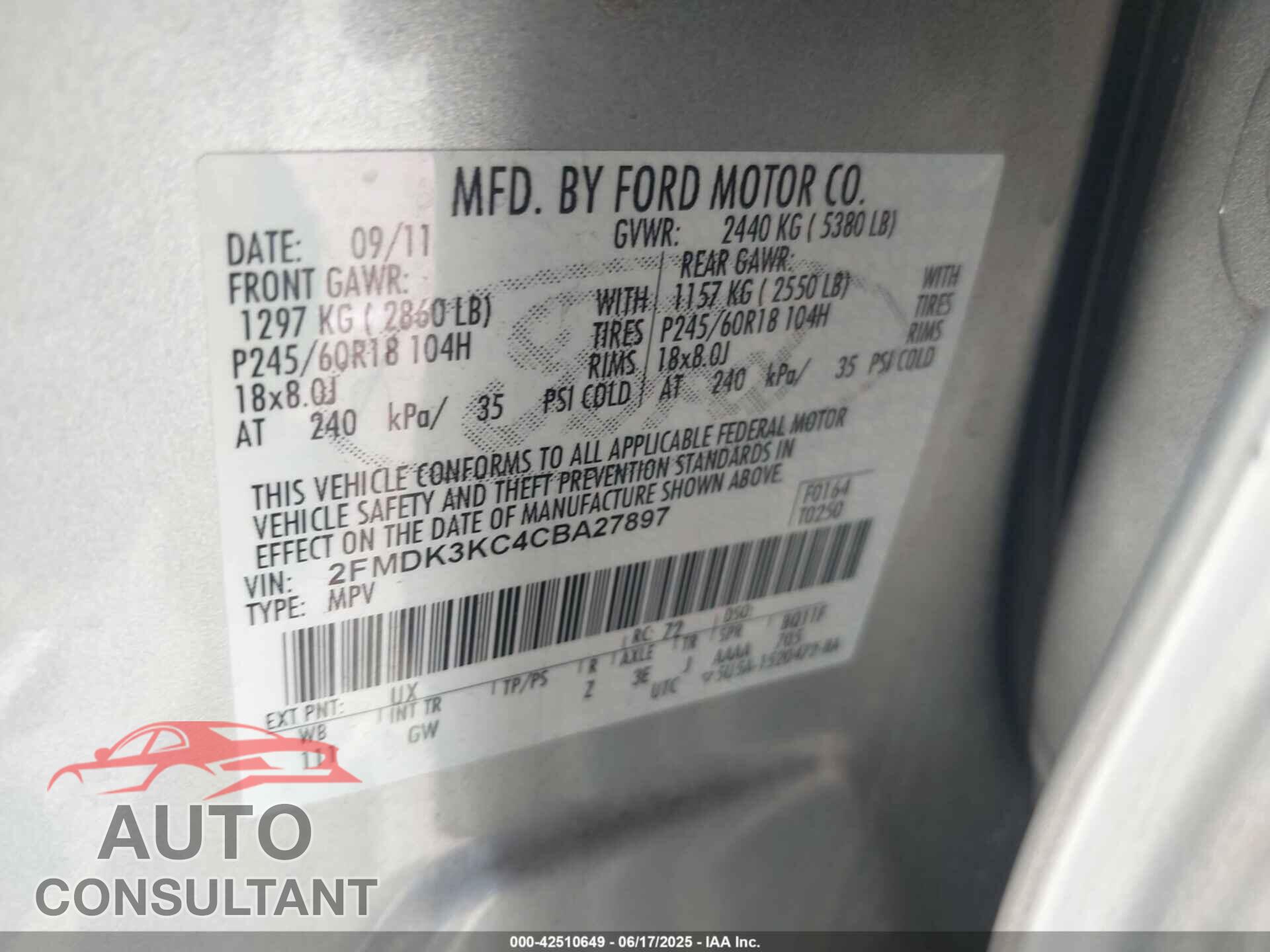 FORD EDGE 2012 - 2FMDK3KC4CBA27897