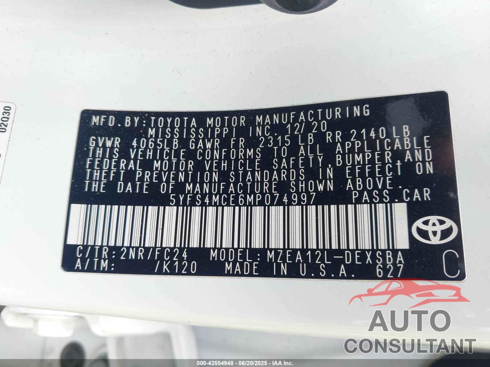 TOYOTA COROLLA 2021 - 5YFS4MCE6MP074997