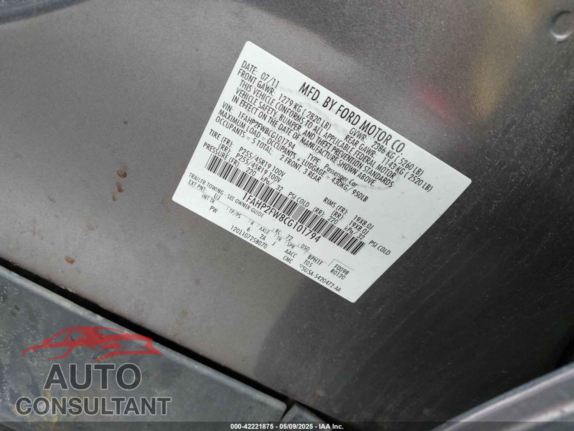FORD TAURUS 2012 - 1FAHP2FW8CG101794