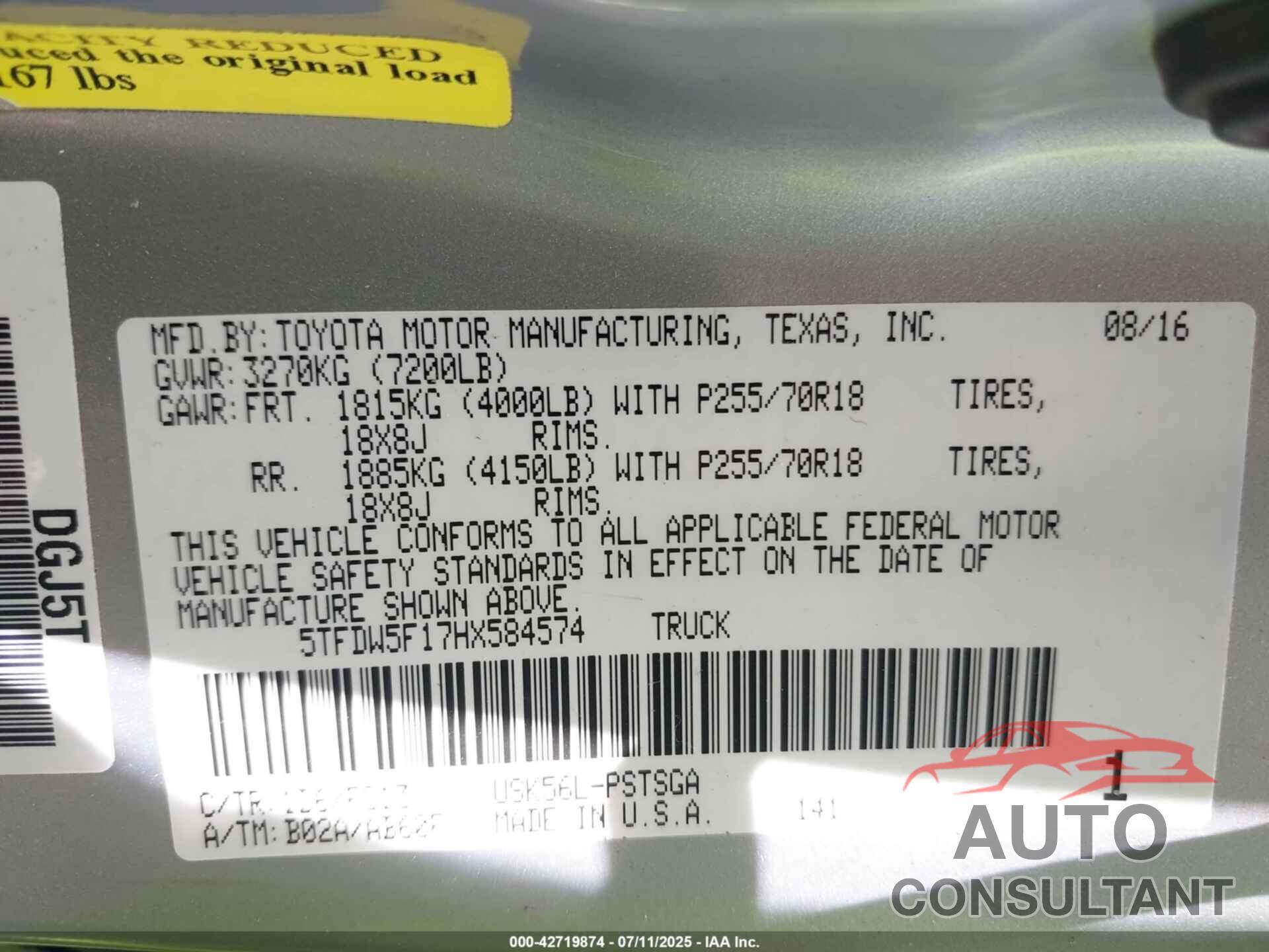 TOYOTA TUNDRA 2017 - 5TFDW5F17HX584574