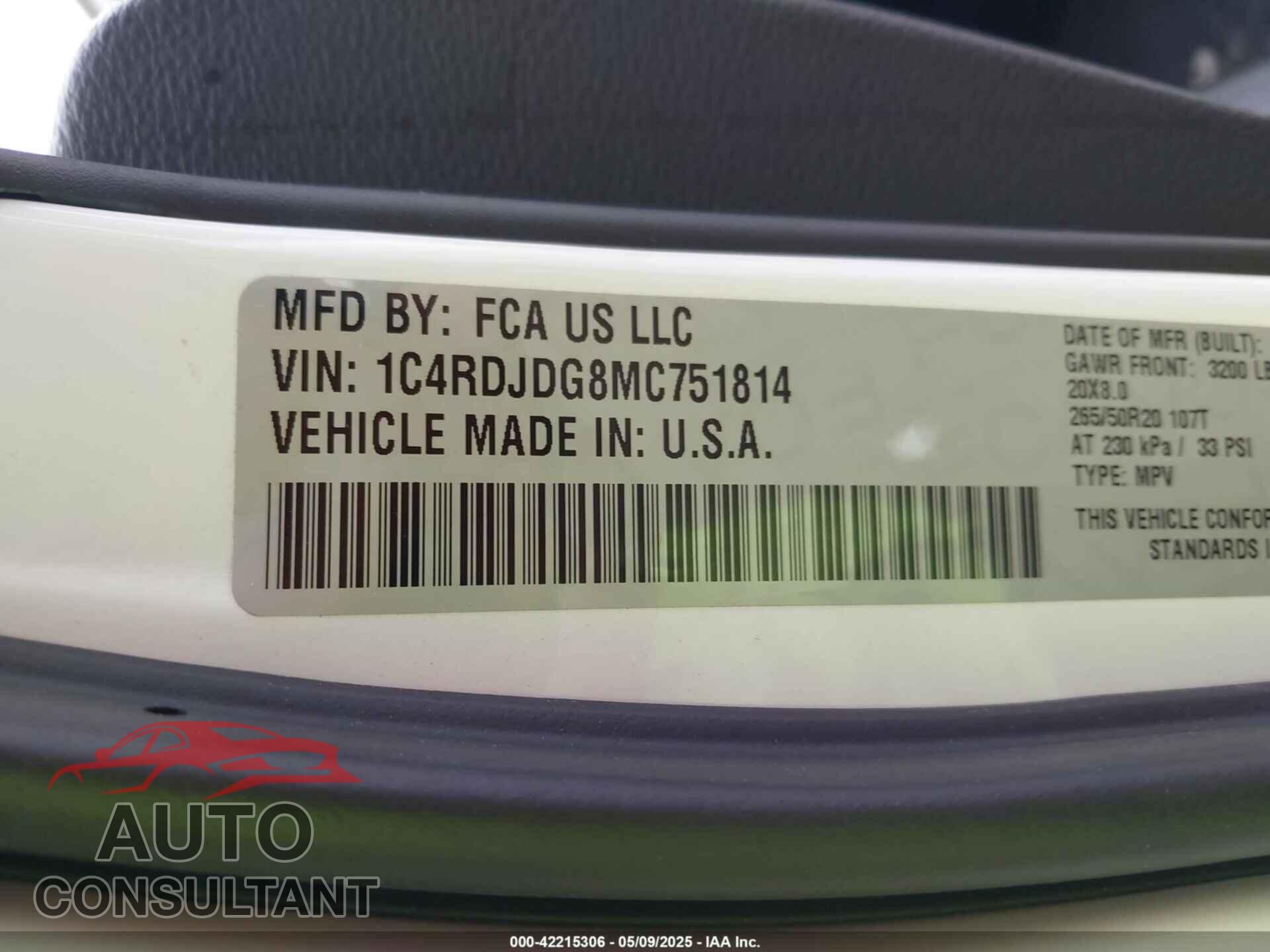 DODGE DURANGO 2021 - 1C4RDJDG8MC751814