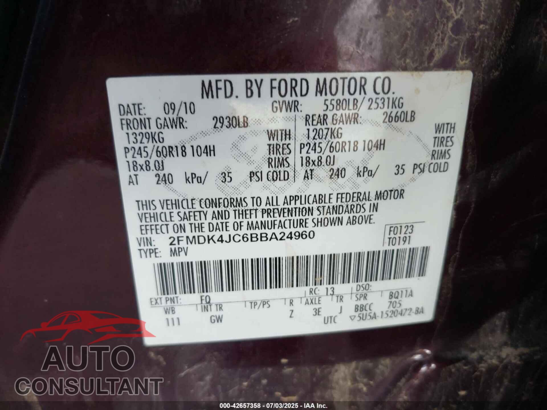 FORD EDGE 2011 - 2FMDK4JC6BBA24960