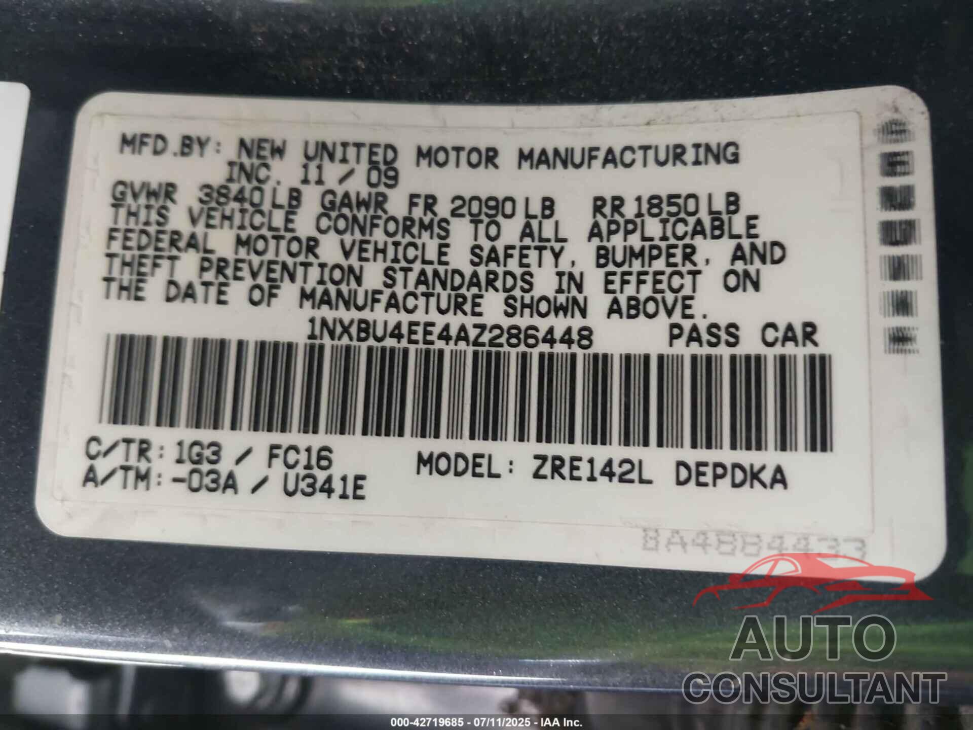 TOYOTA COROLLA 2010 - 1NXBU4EE4AZ286448