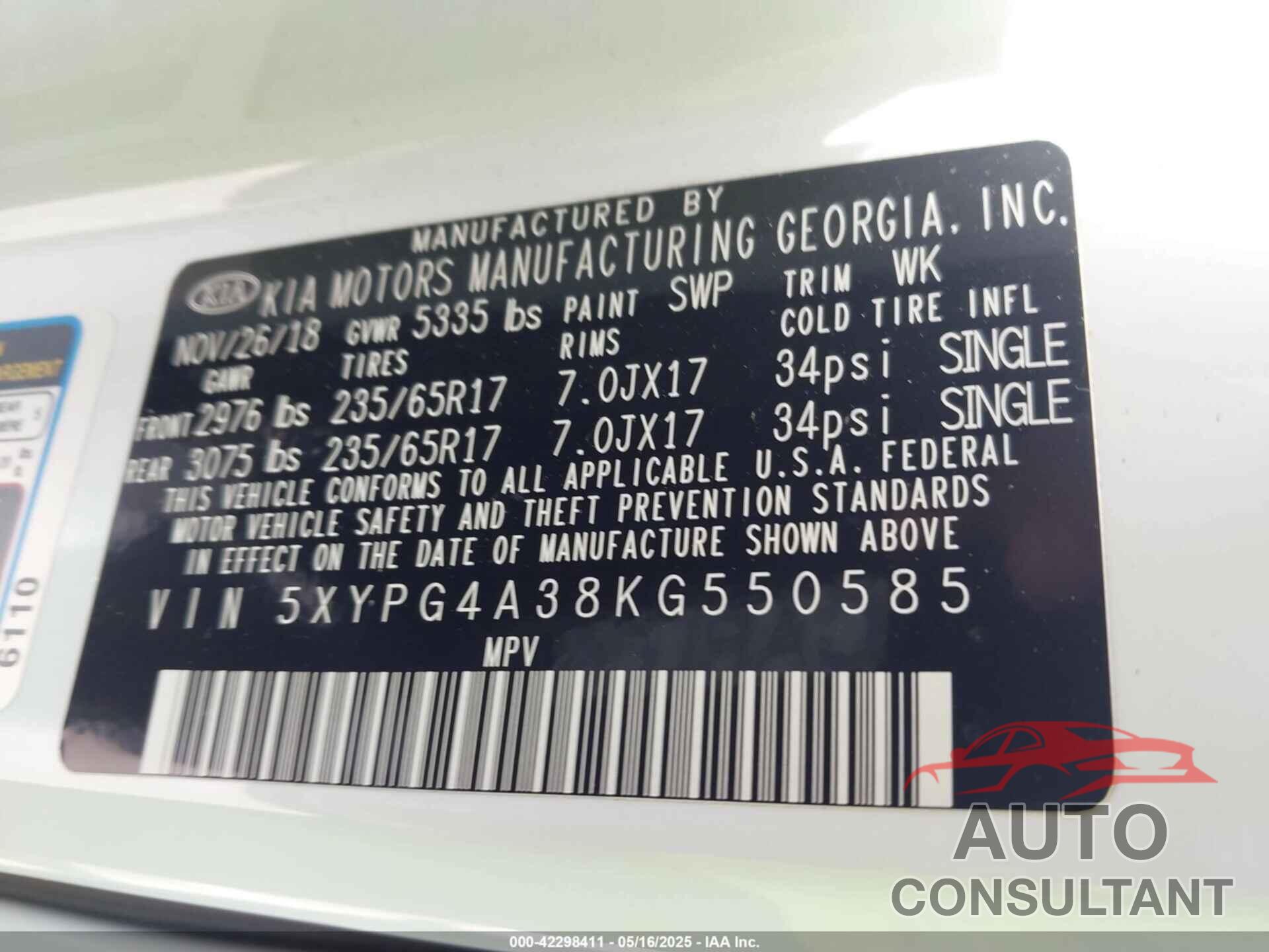 KIA SORENTO 2019 - 5XYPG4A38KG550585