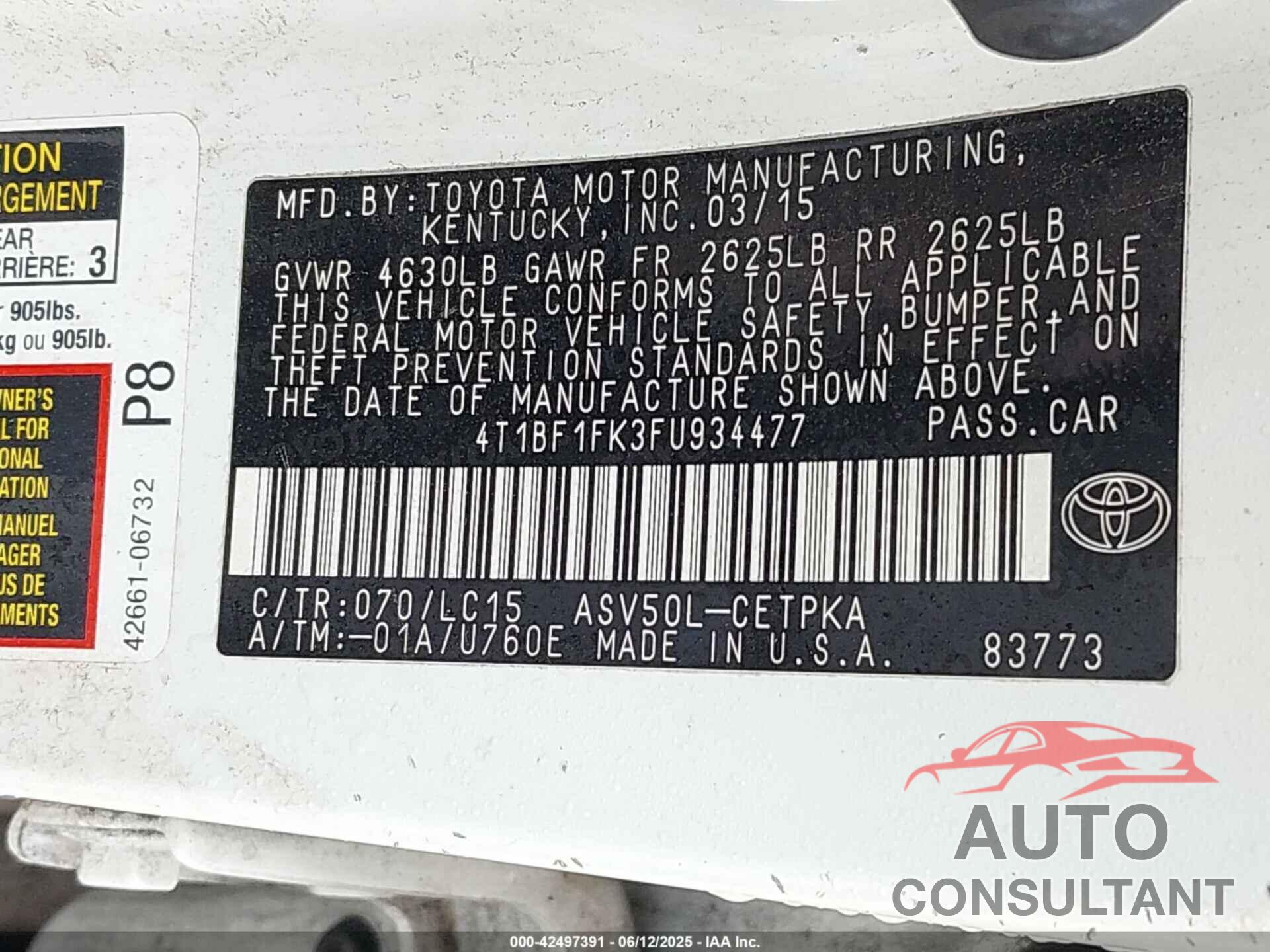 TOYOTA CAMRY 2015 - 4T1BF1FK3FU934477