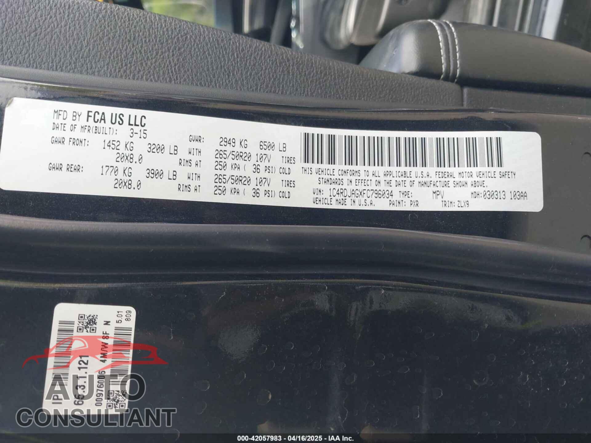 DODGE DURANGO 2015 - 1C4RDJAGXFC796034