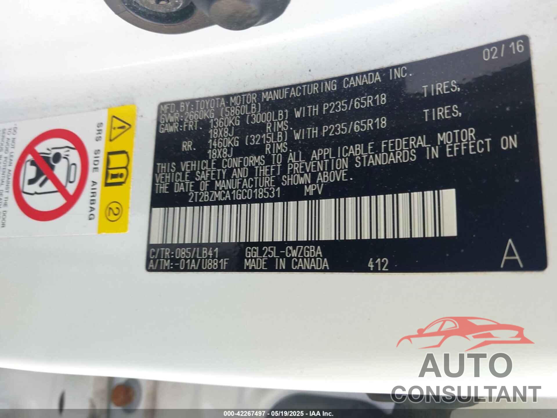 LEXUS RX 2016 - 2T2BZMCA1GC018531