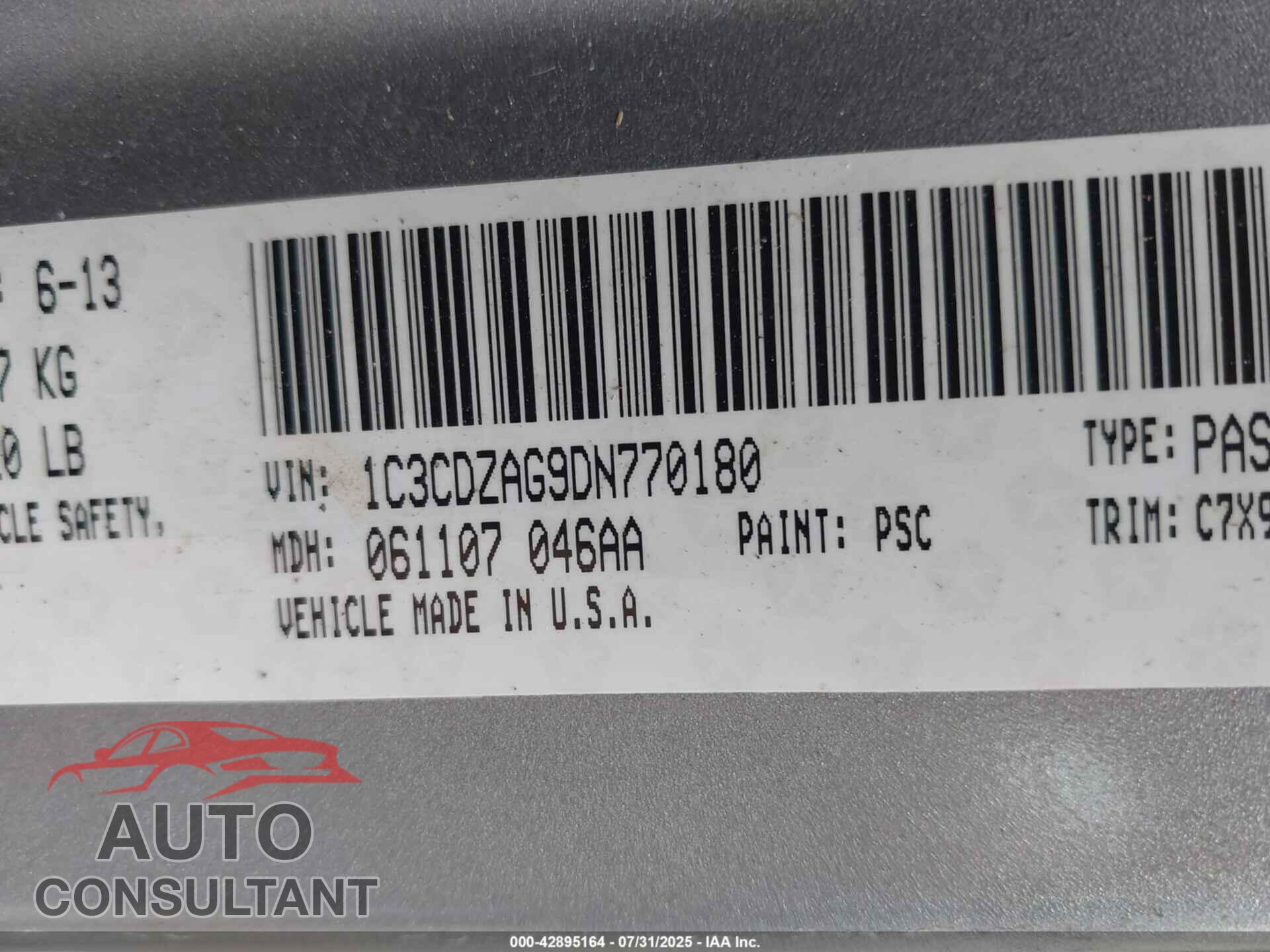 DODGE AVENGER 2013 - 1C3CDZAG9DN770180