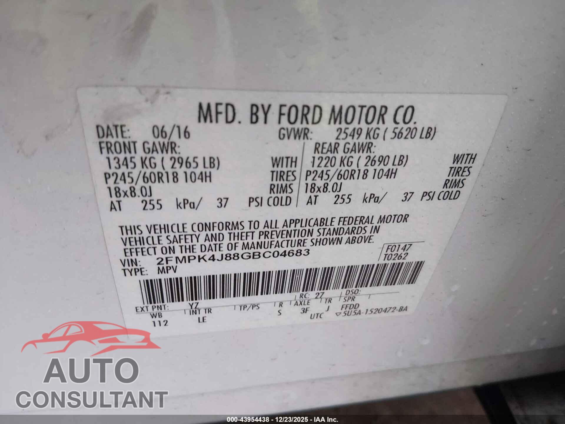 FORD EDGE 2016 - 2FMPK4J88GBC04683