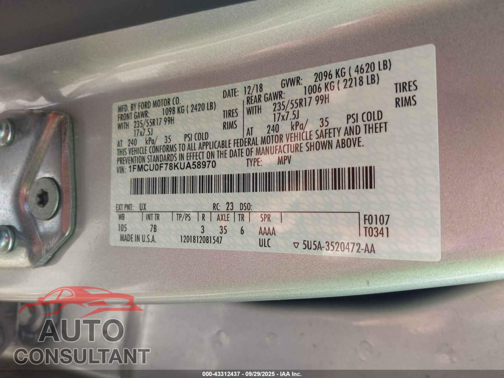 FORD ESCAPE 2019 - 1FMCU0F78KUA58970