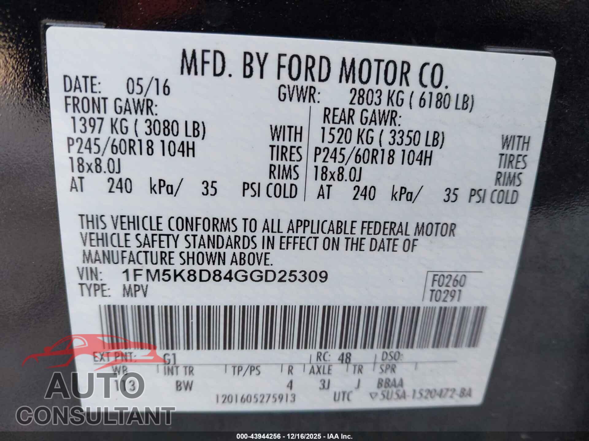 FORD EXPLORER 2016 - 1FM5K8D84GGD25309