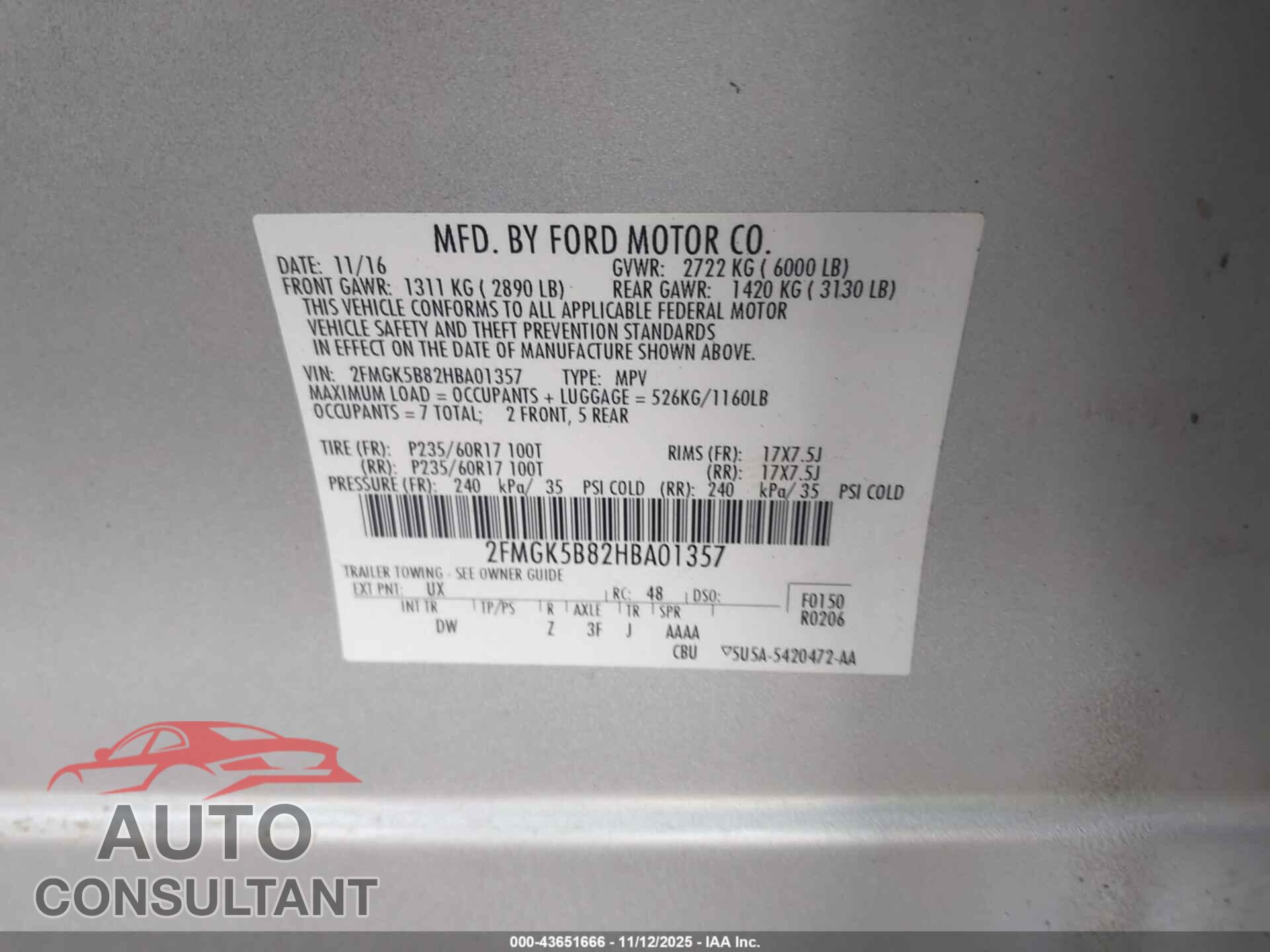 FORD FLEX 2017 - 2FMGK5B82HBA01357