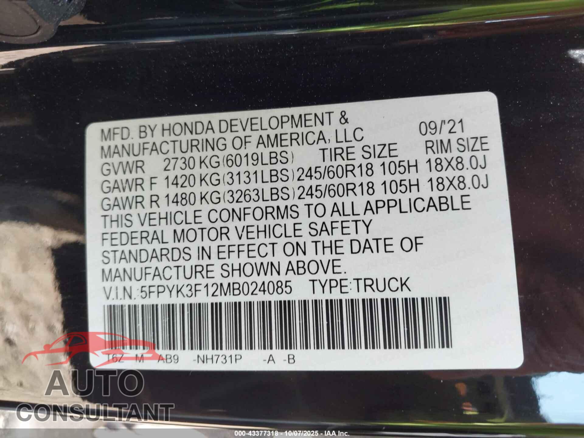 HONDA RIDGELINE 2021 - 5FPYK3F12MB024085
