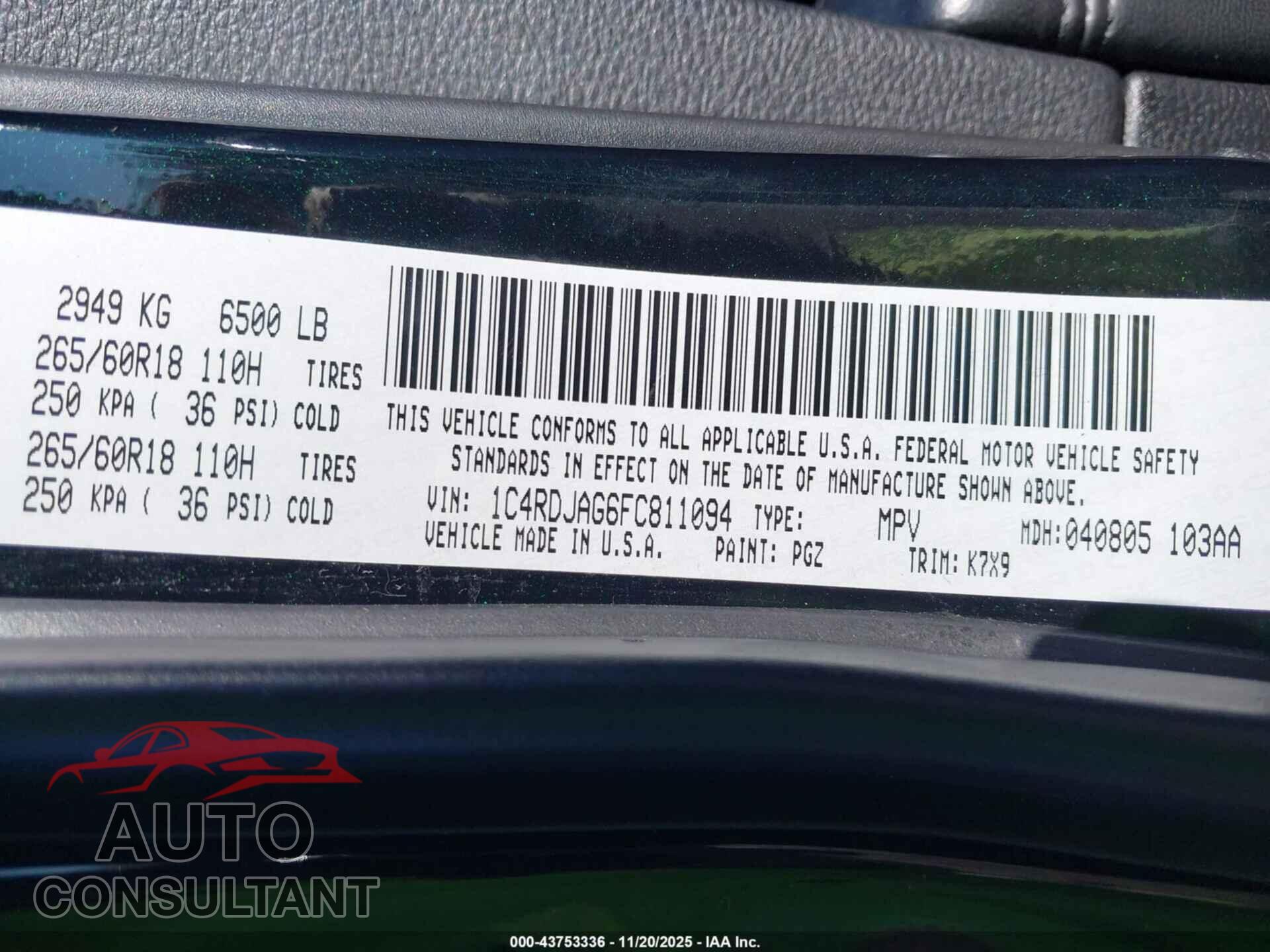 DODGE DURANGO 2015 - 1C4RDJAG6FC811094