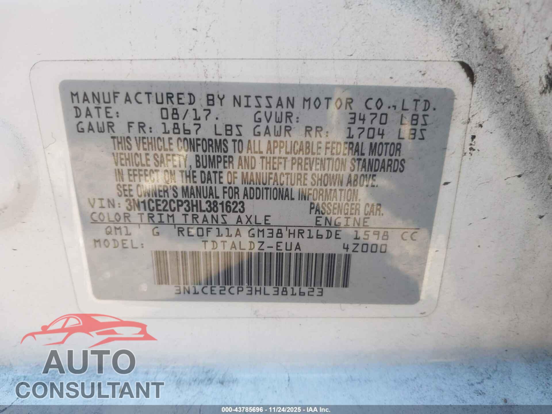 NISSAN VERSA NOTE 2017 - 3N1CE2CP3HL381623