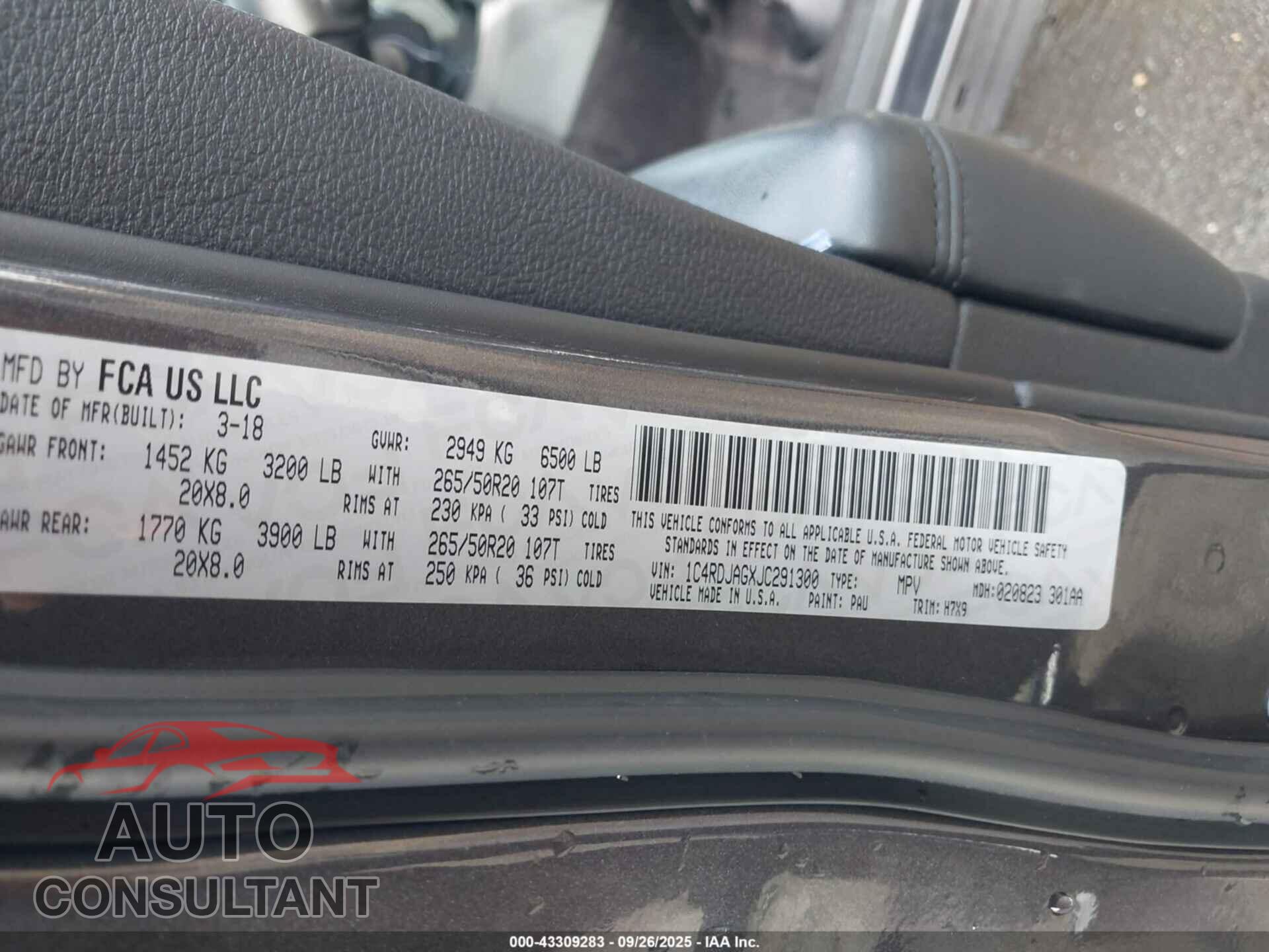 DODGE DURANGO 2018 - 1C4RDJAGXJC291300