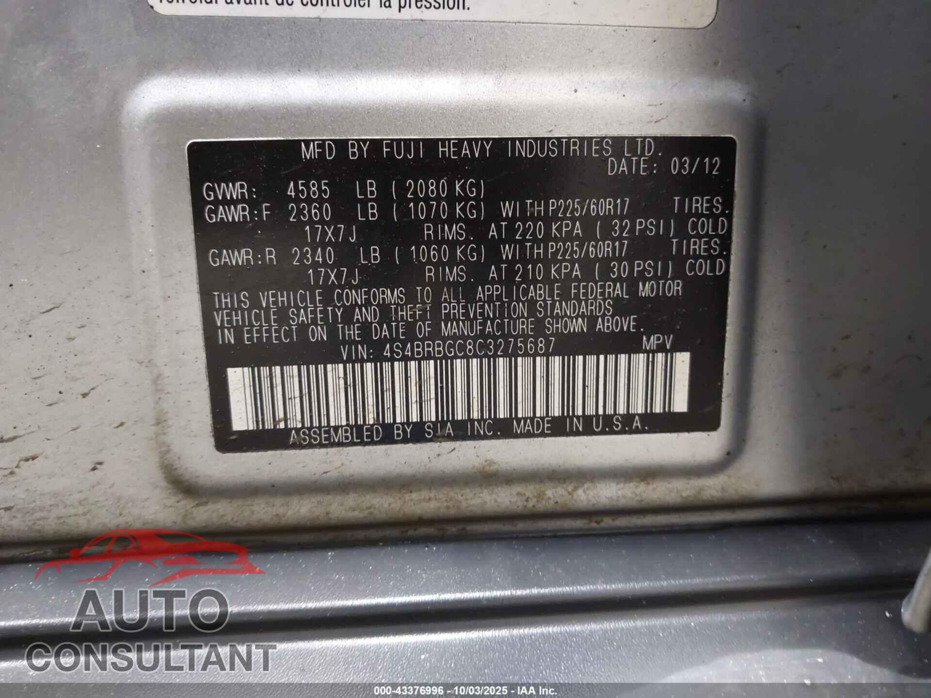 SUBARU OUTBACK 2012 - 4S4BRBGC8C3275687