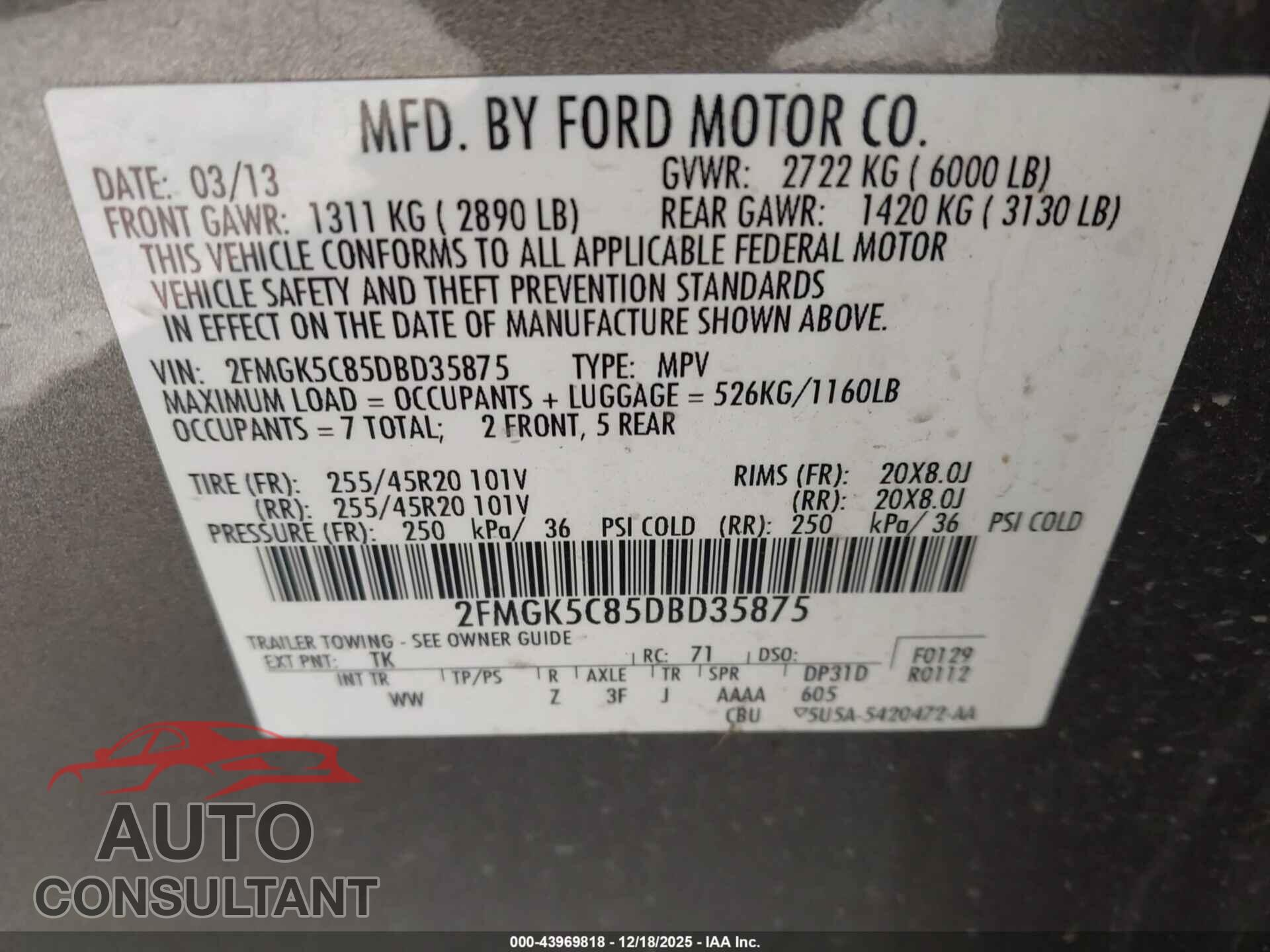 FORD FLEX 2013 - 2FMGK5C85DBD35875