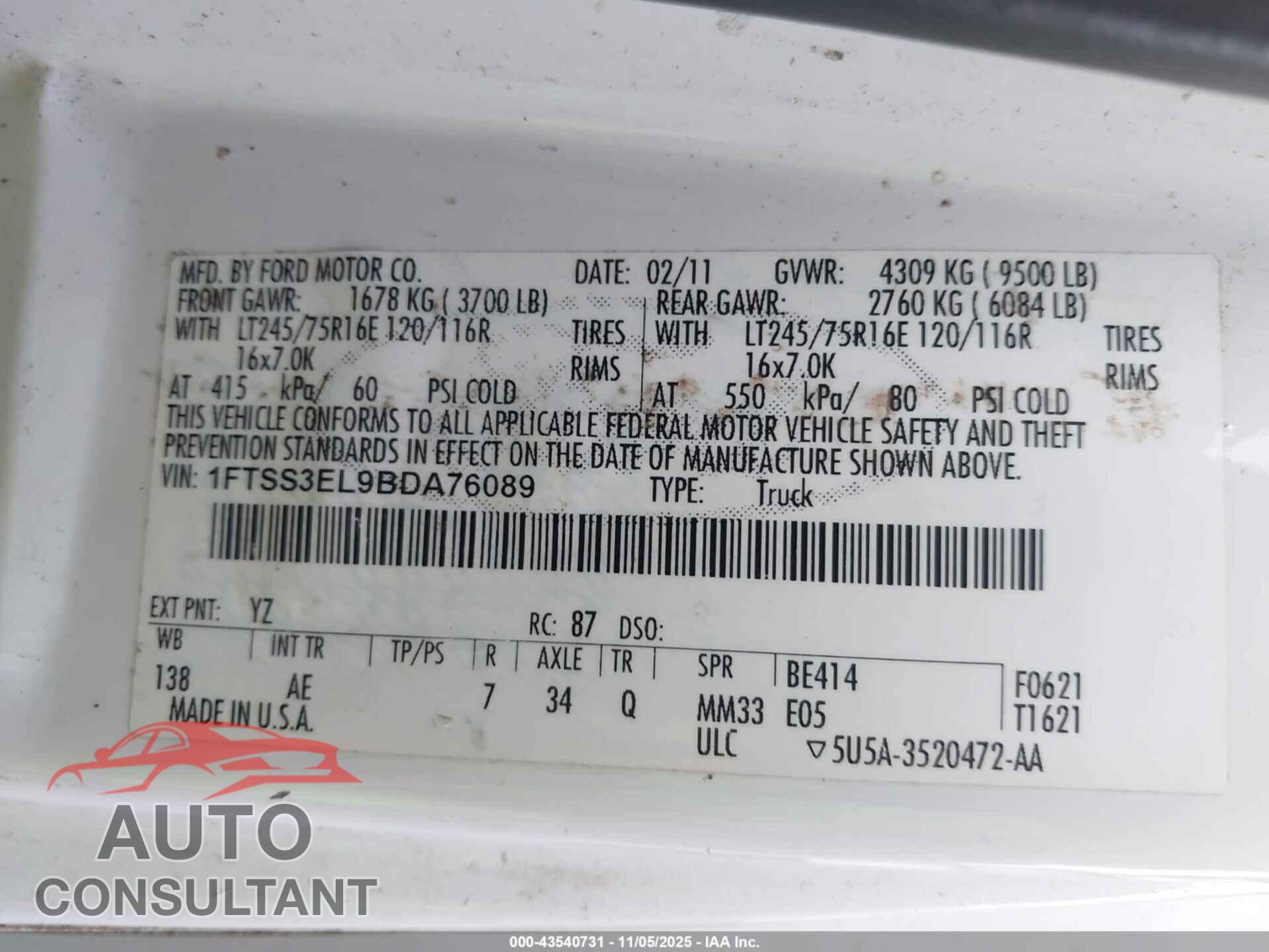 FORD E-350 SUPER DUTY 2011 - 1FTSS3EL9BDA76089