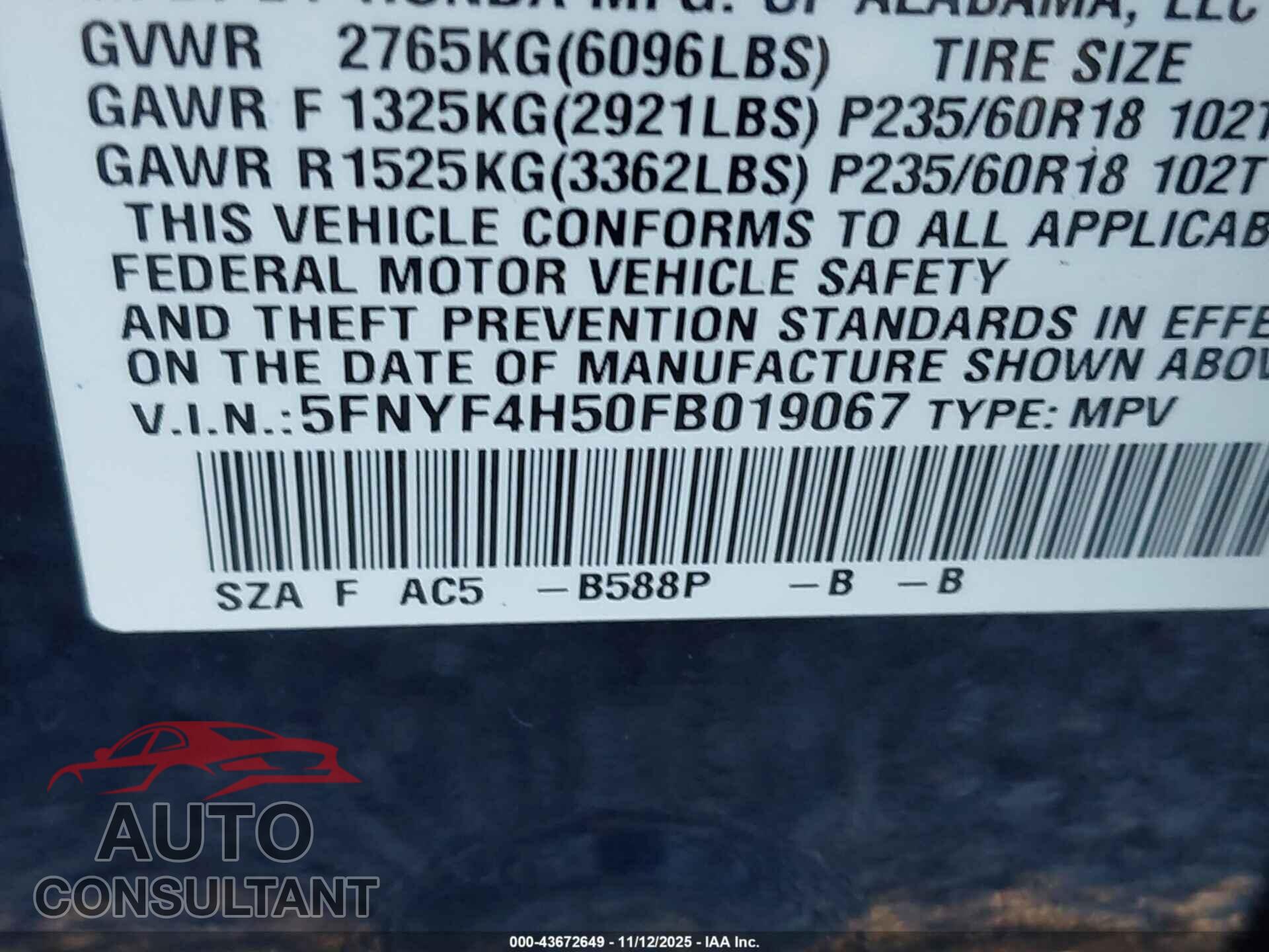 HONDA PILOT 2015 - 5FNYF4H50FB019067