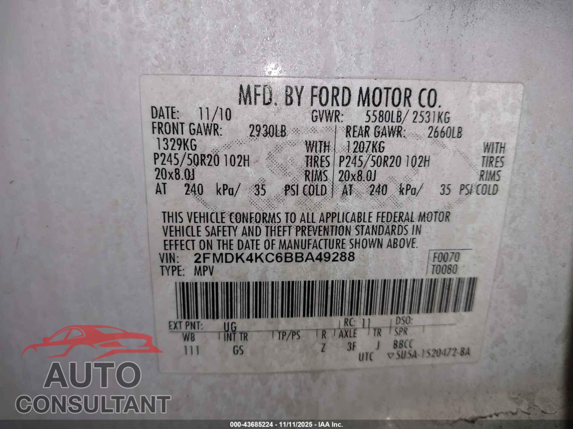 FORD EDGE 2011 - 2FMDK4KC6BBA49288