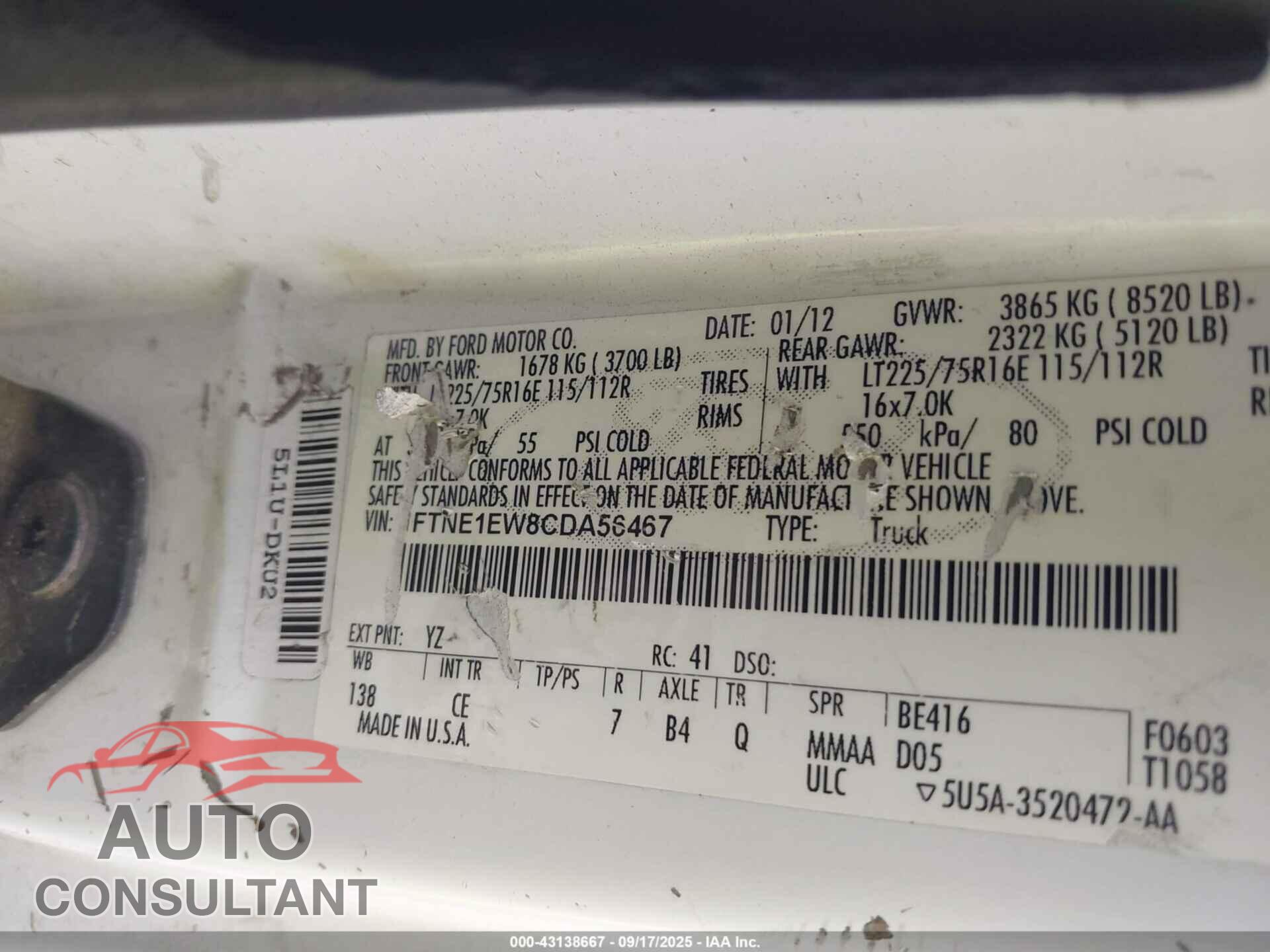 FORD E-150 2012 - 1FTNE1EW8CDA56467