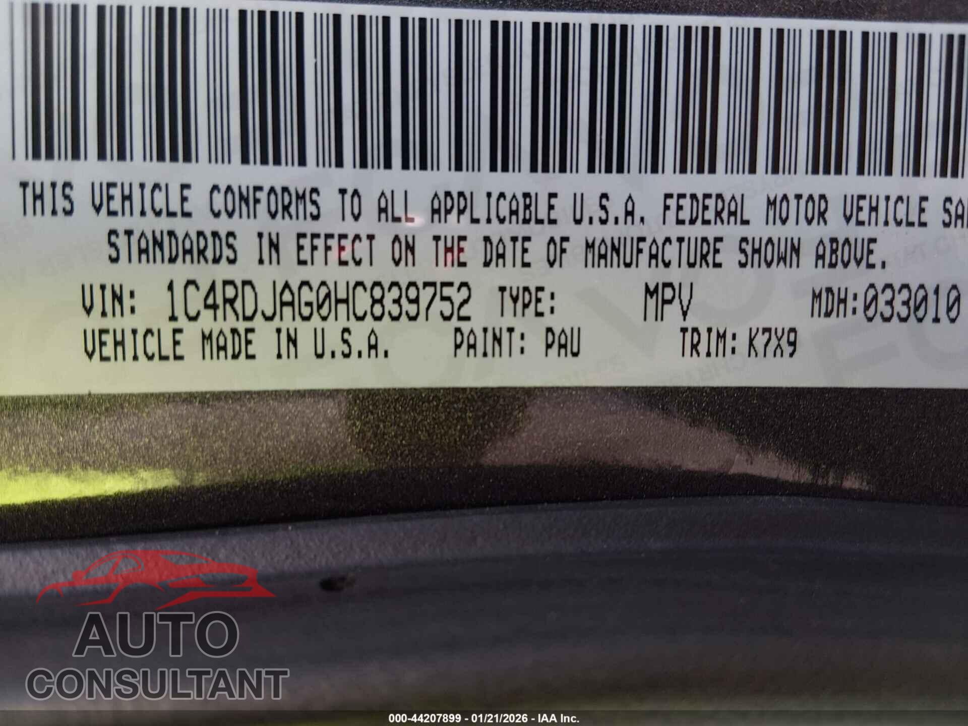 DODGE DURANGO 2017 - 1C4RDJAG0HC839752