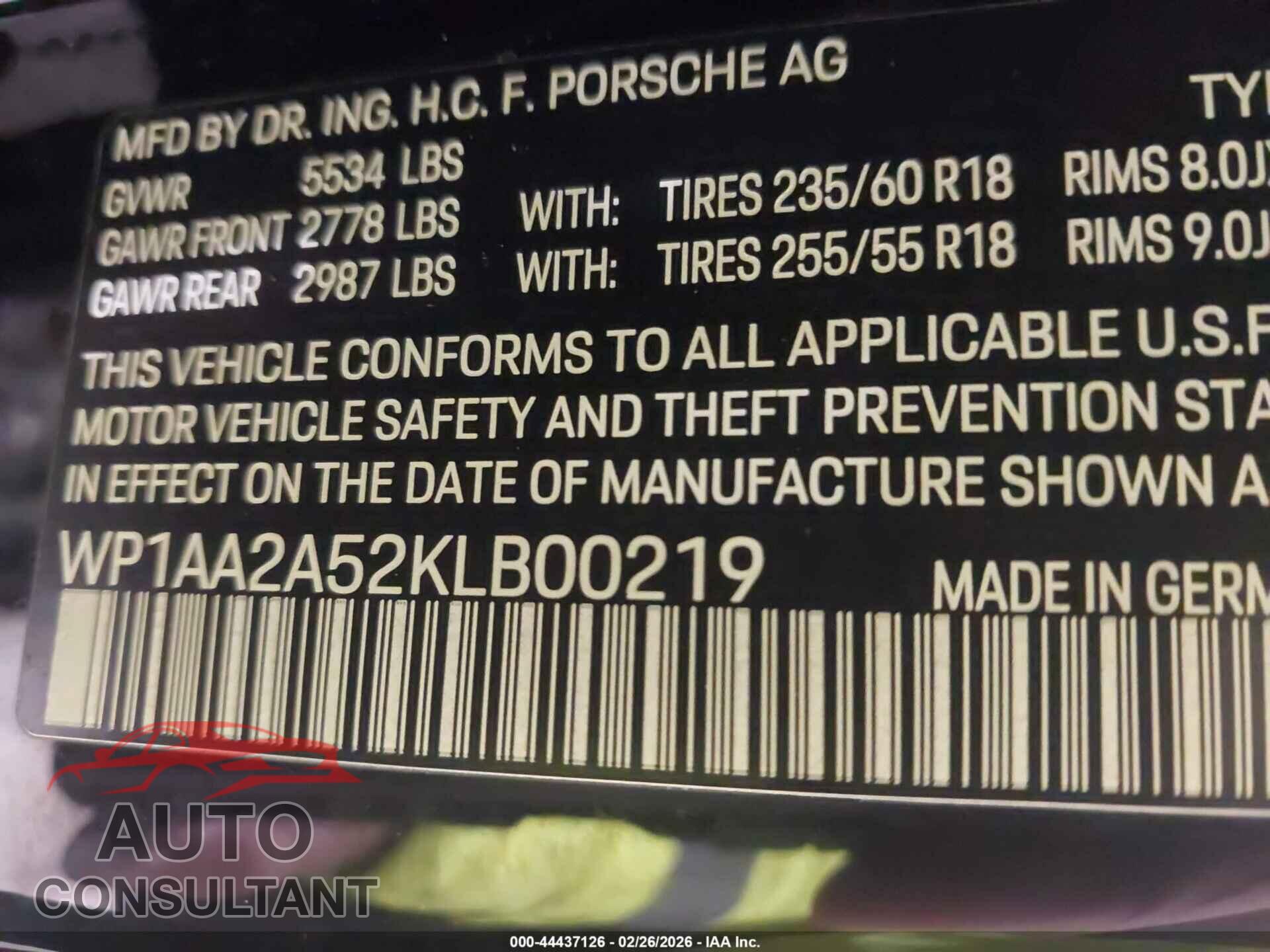 PORSCHE MACAN 2019 - WP1AA2A52KLB00219