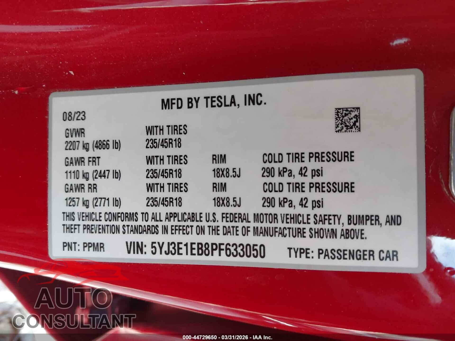 TESLA MODEL 3 2023 - 5YJ3E1EB8PF633050