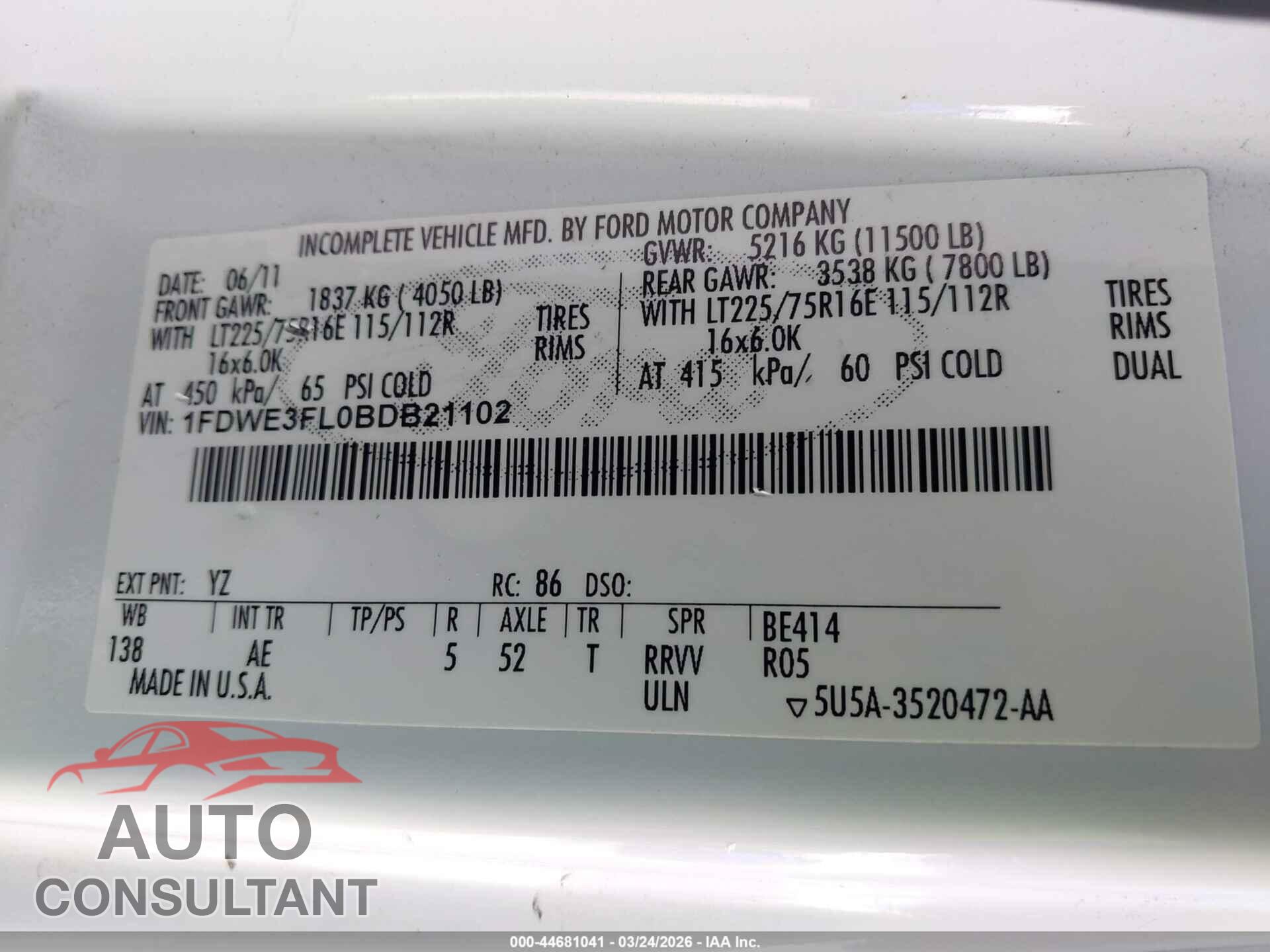 FORD E-350 CUTAWAY 2011 - 1FDWE3FL0BDB21102