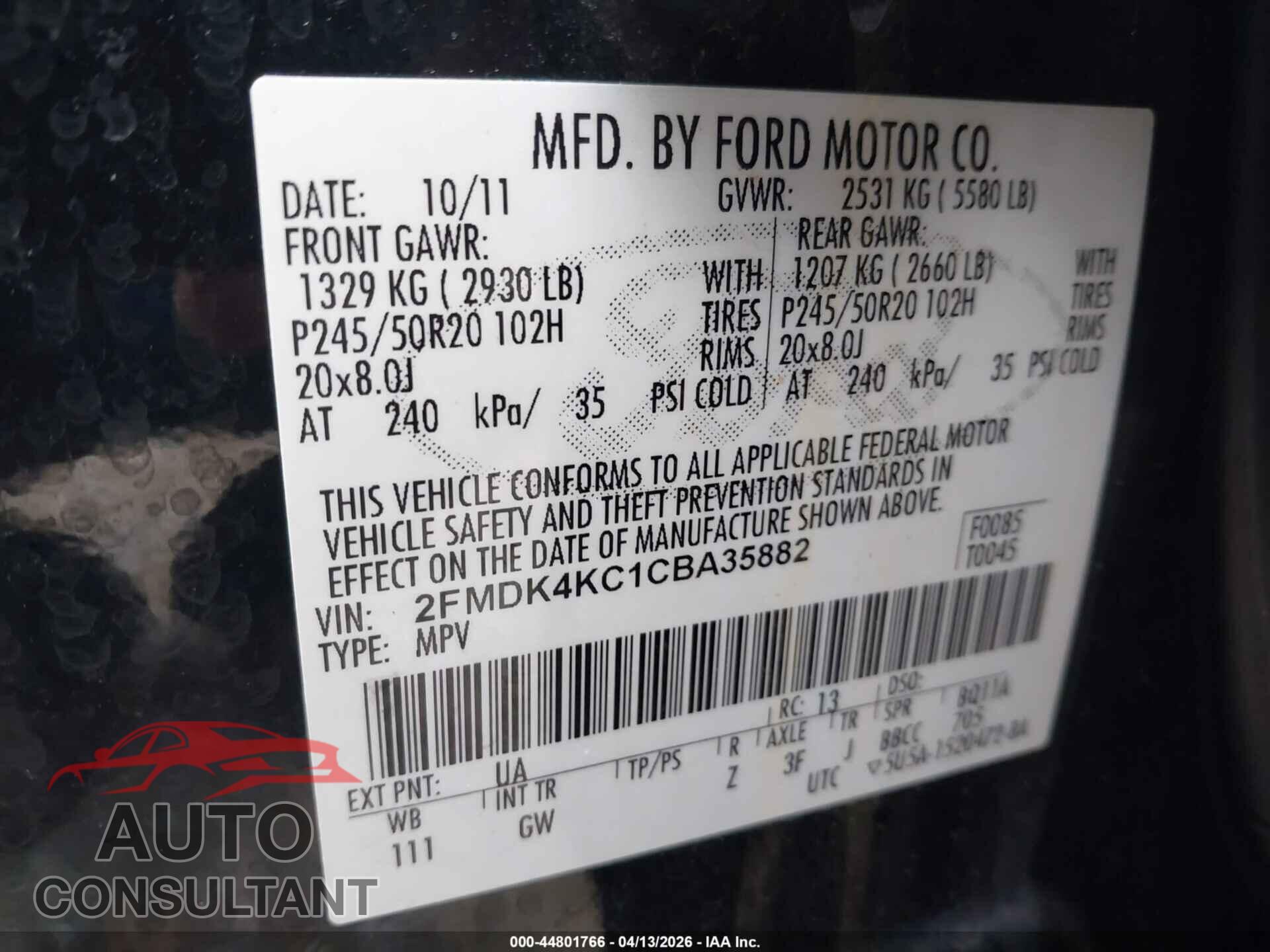 FORD EDGE 2012 - 2FMDK4KC1CBA35882