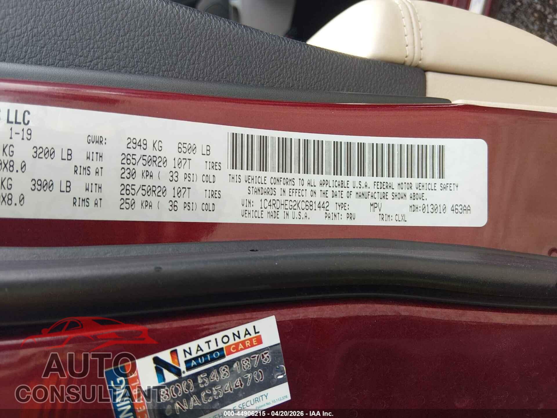 DODGE DURANGO 2019 - 1C4RDHEG2KC681442